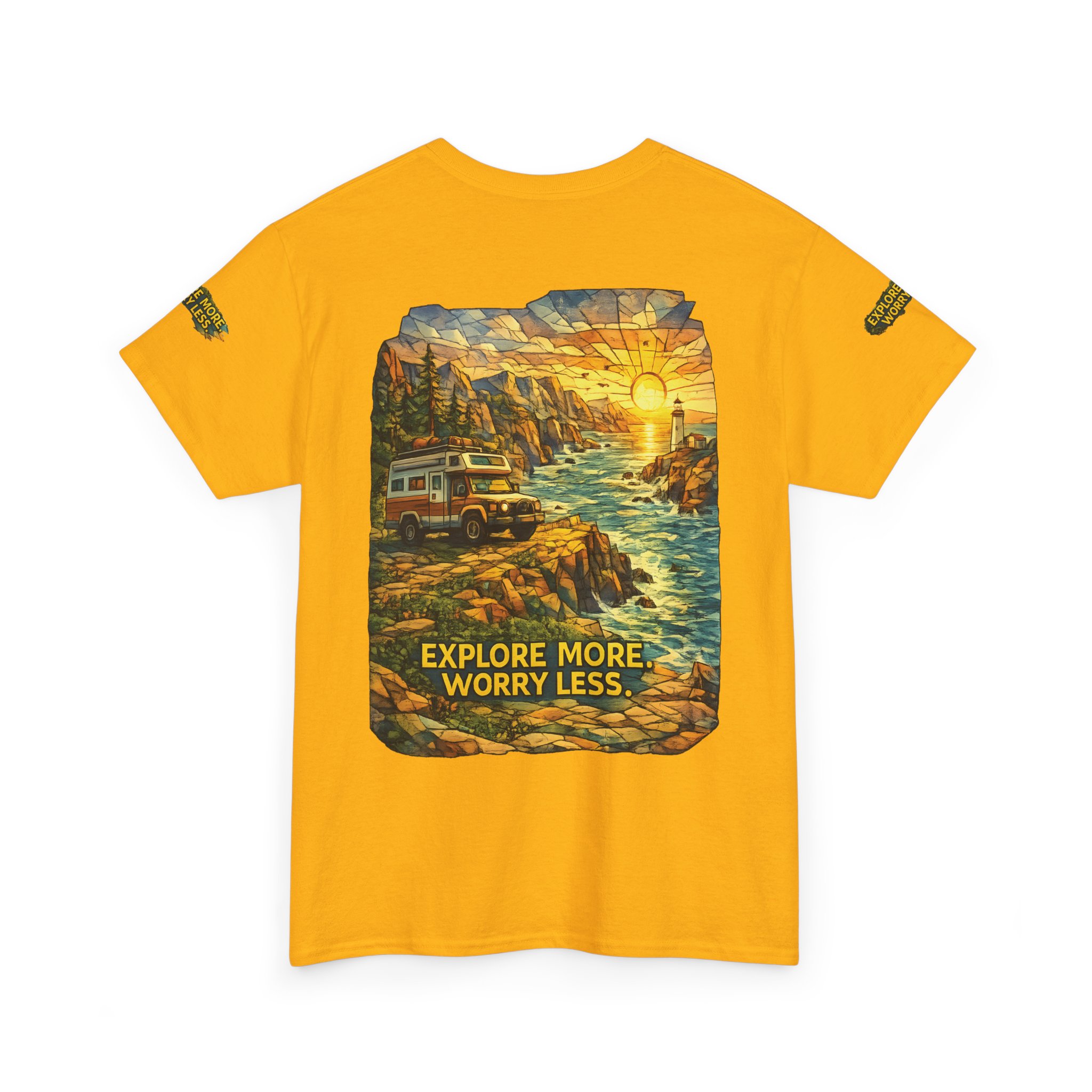 Unisex Heavy Cotton Tee — "Explore More Worry Less" Design Cubic-Line