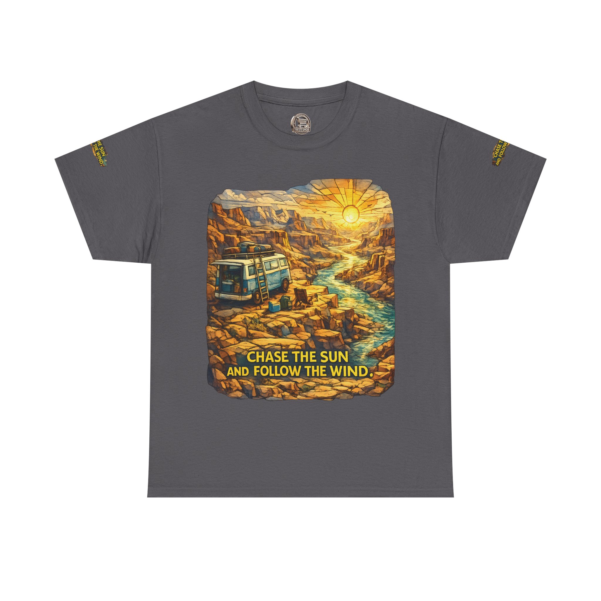 7449727822134869510_2048.jpeg Unisex Heavy Cotton Tee — "Chase The Sun And Follow The Wind" Design Cubic-Line