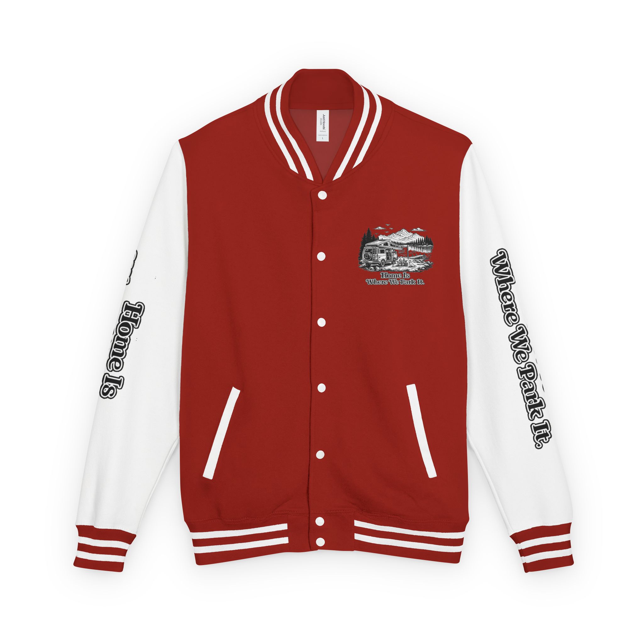 Unisex Heavyweight Letterman Jacket — "Home Is Where You Park It" Travel Varsity Coat
