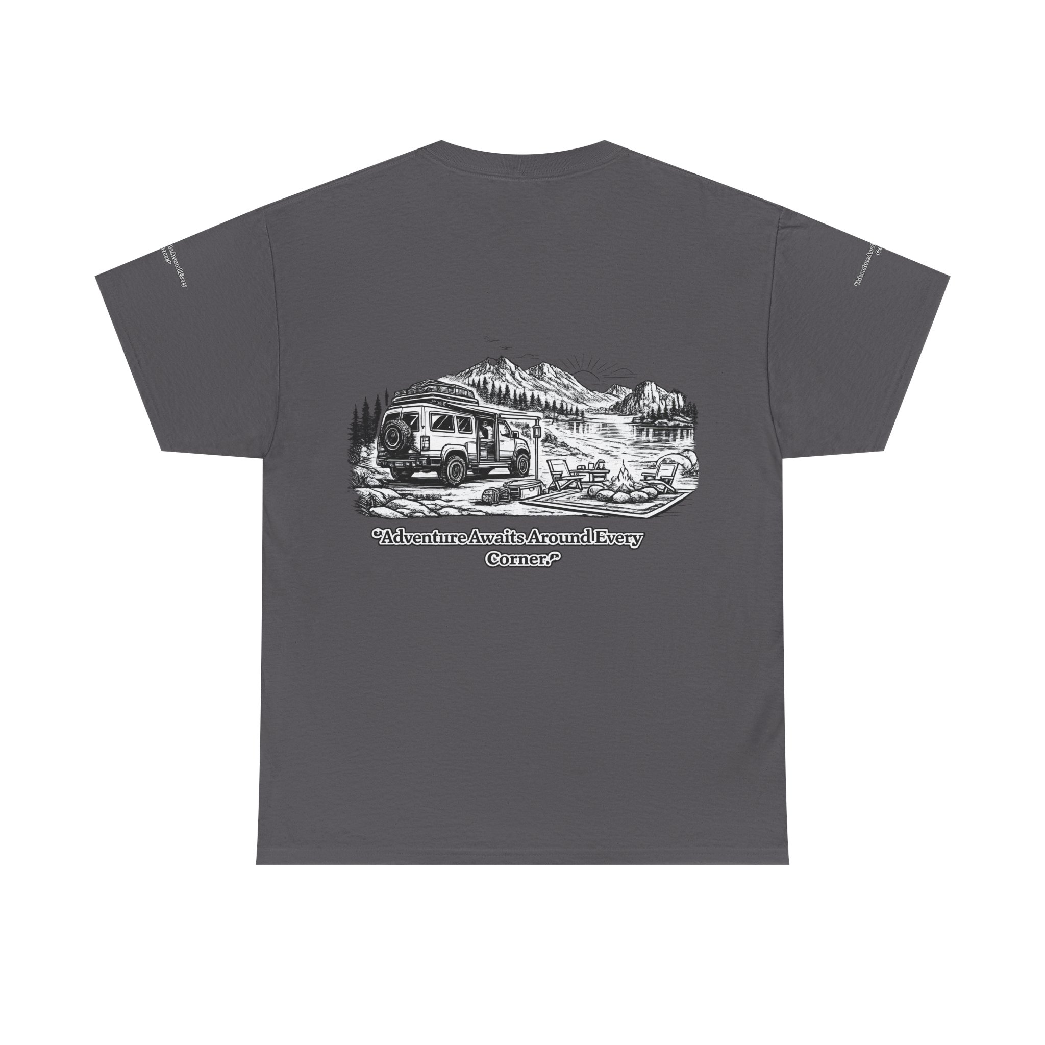 Unisex Heavy Cotton Tee — "Adventure Awaits Around Every Corner" Design Minimal-Line