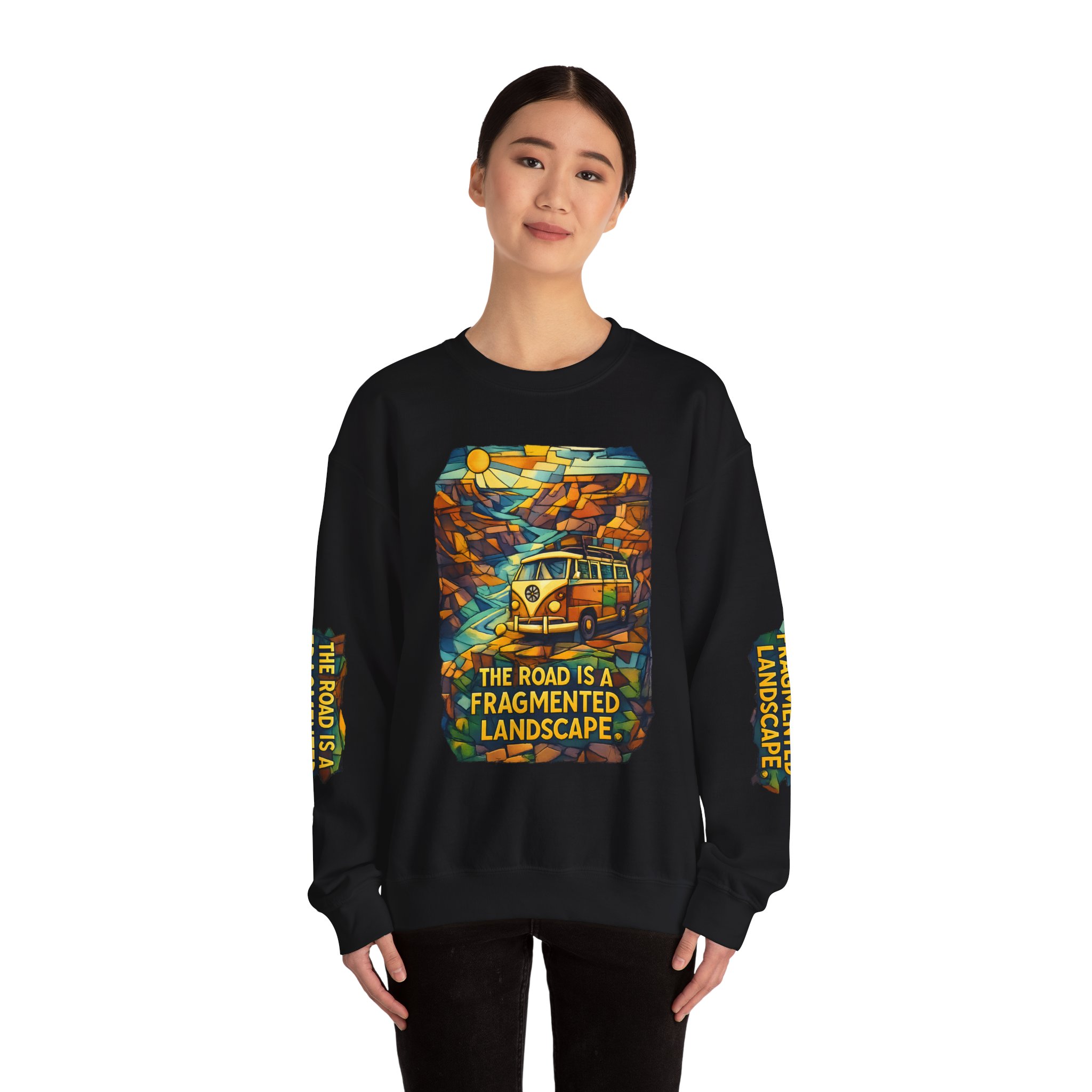 Unisex Heavy Blend™ Crewneck Sweatshirt — "The Road Is A Fragmented Landscape" Design Cubic-Line