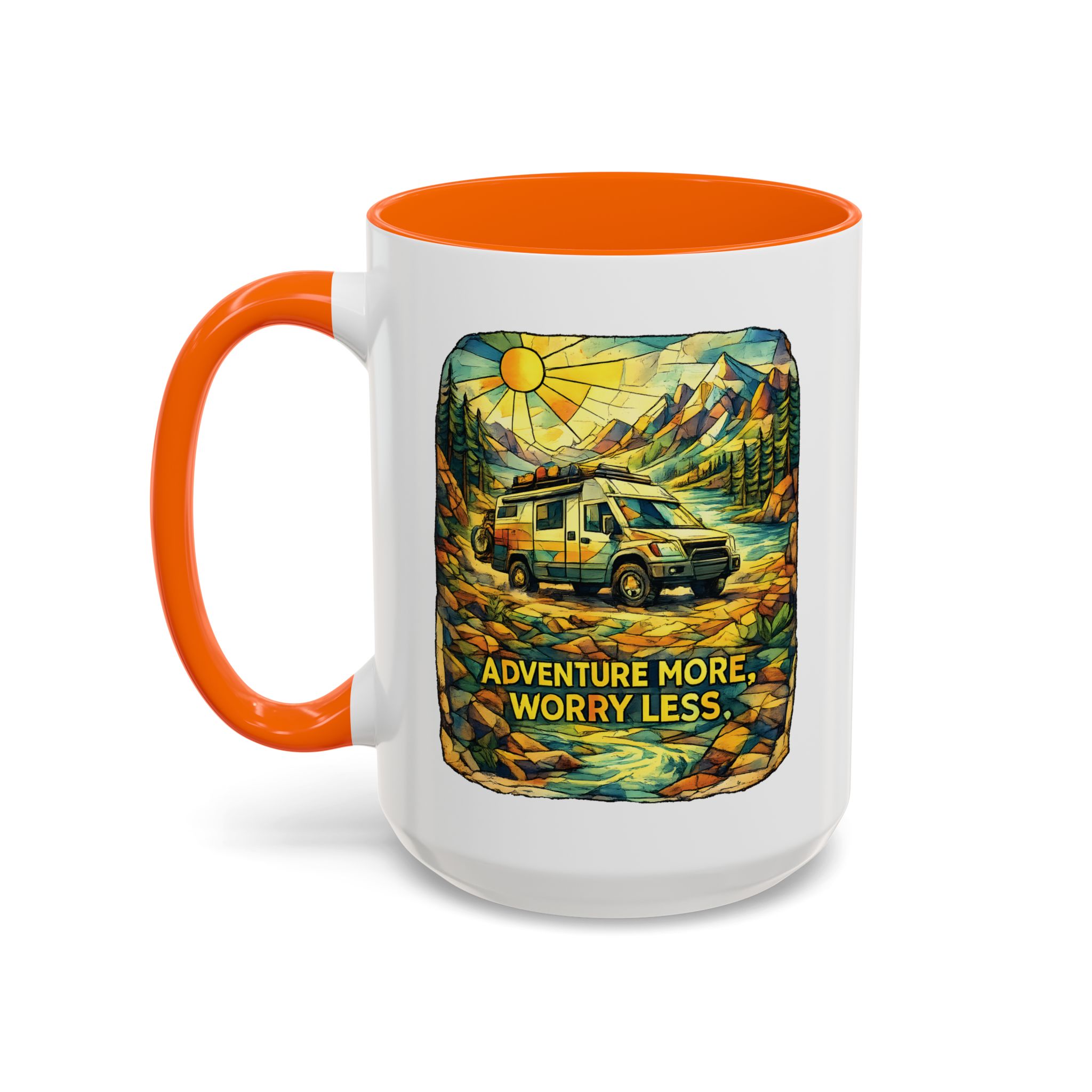 Accent Coffee Mug (11, 15oz) — "Adventure More Worry Less" Design Cubic-Line