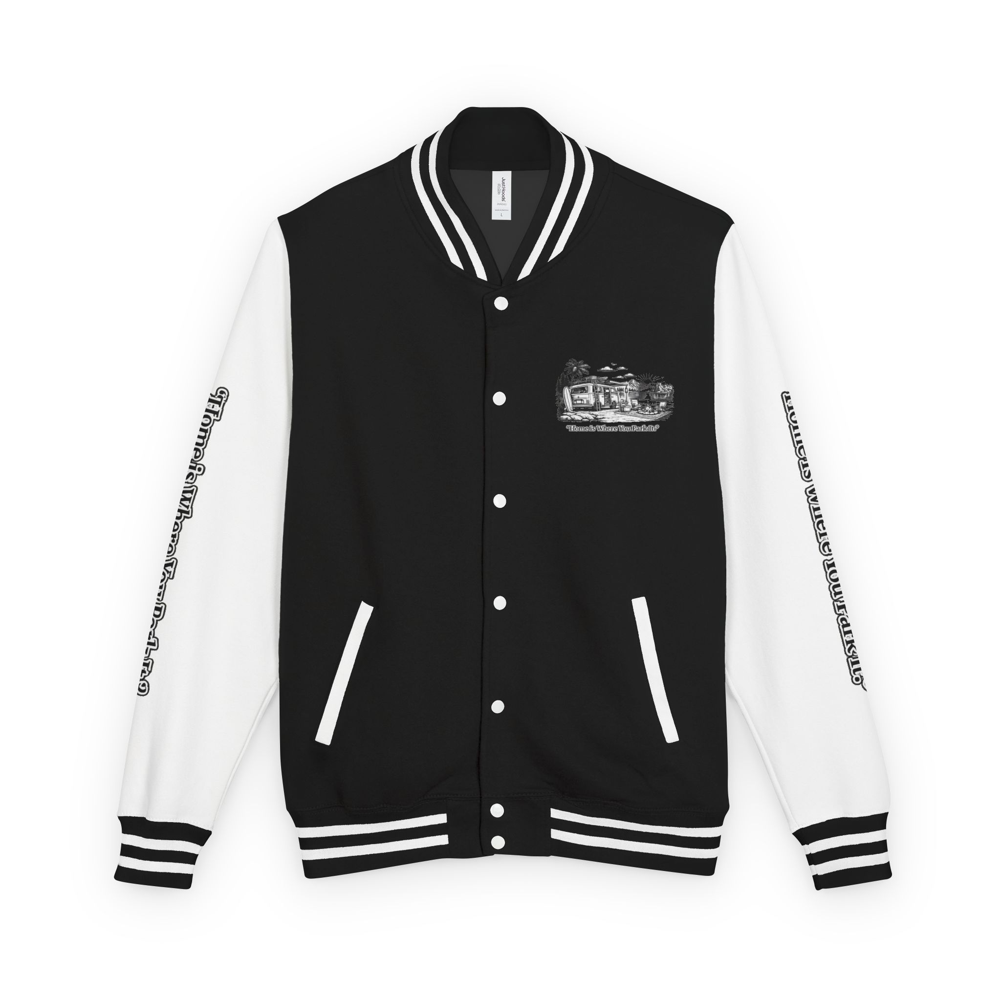 7482043908892210310_2048-1.jpeg Unisex Heavyweight Letterman Jacket — "Home Is Where You Park It" Travel Varsity Coat
