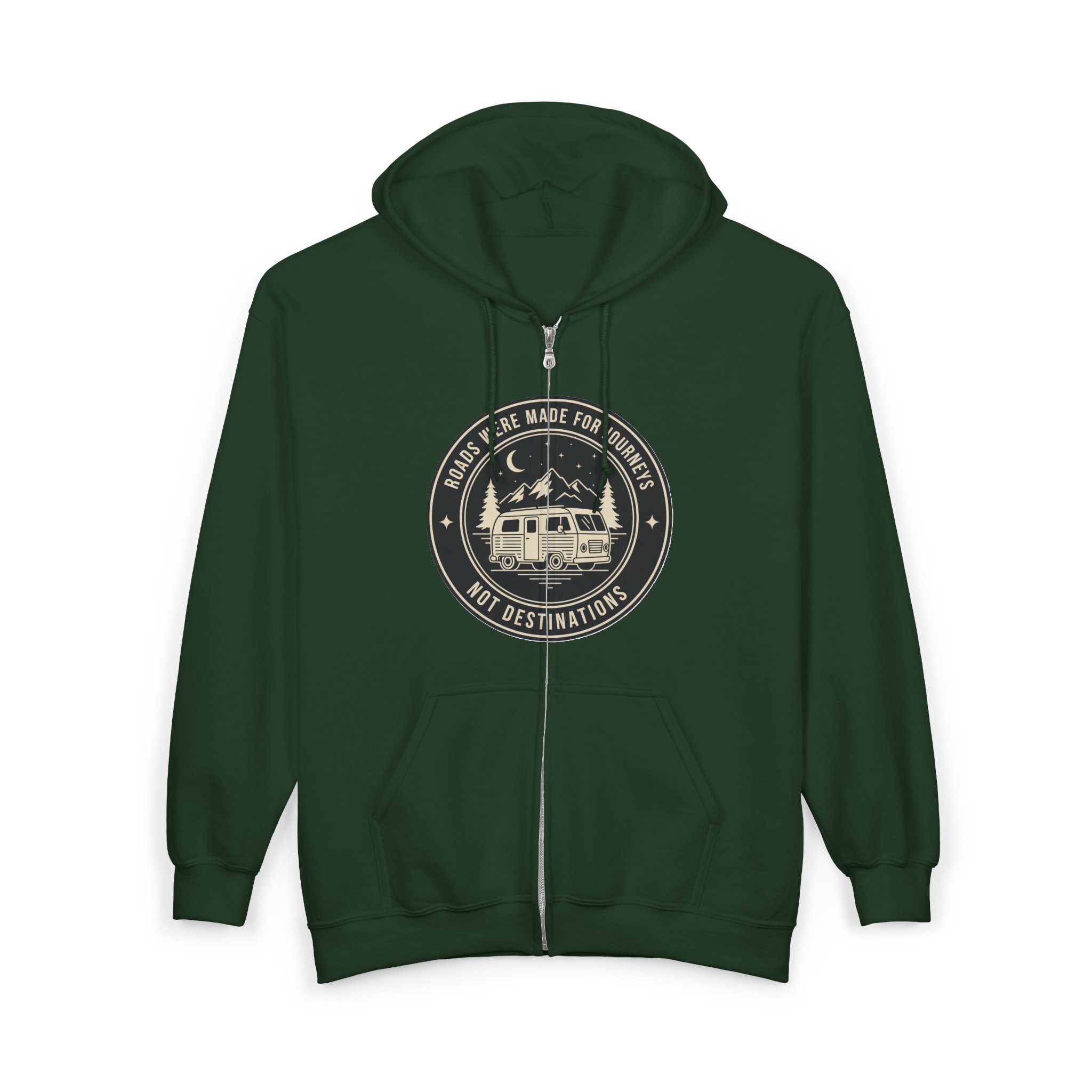 Zip Hoodie — "ROAD WHERE MADE FOR JOURNEYS-NOT DESTINATIONS"(Front + Back Printed) Camper Van Adventure Zip-Up