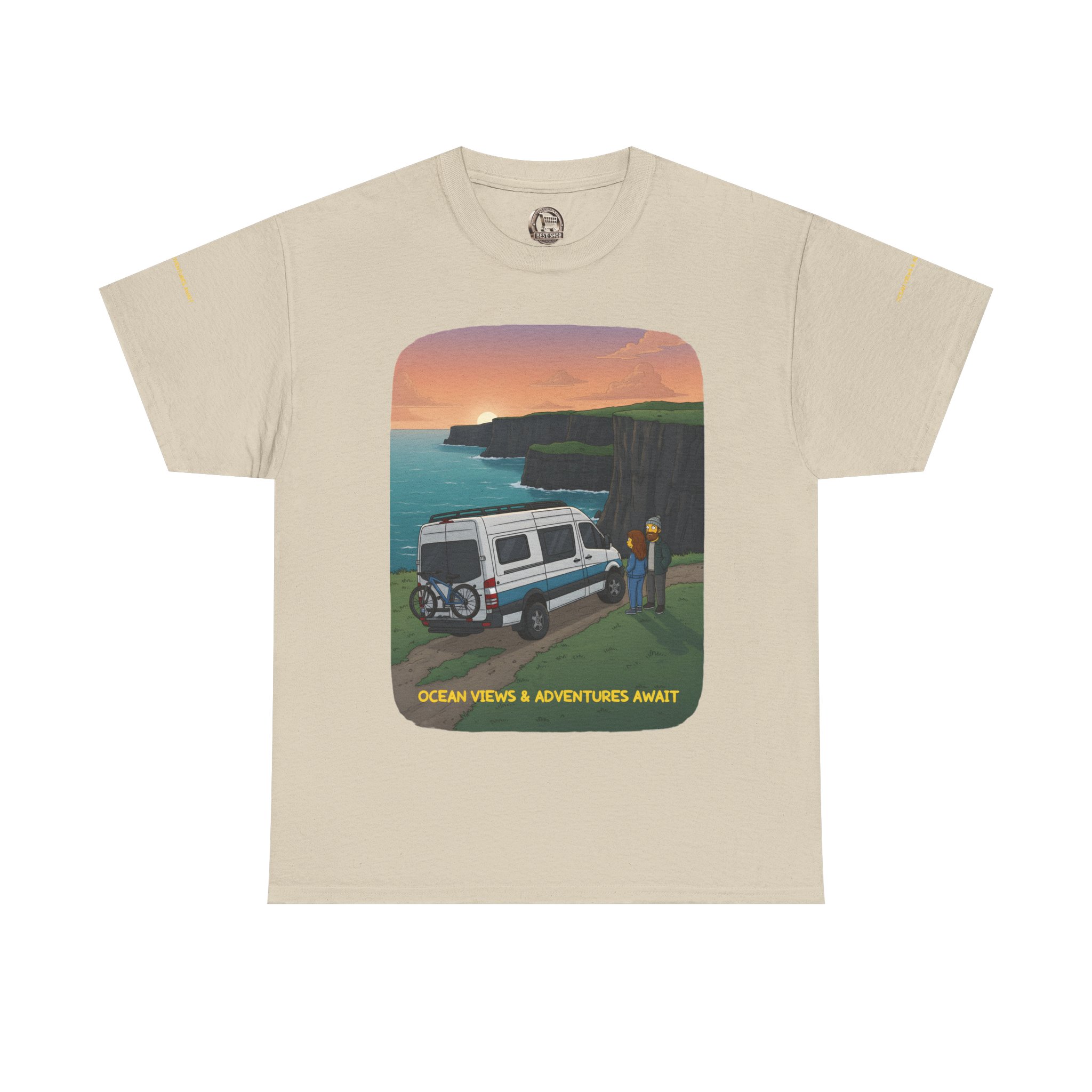 Unisex Heavy Cotton Tee — "Ocean Views-Adventures Awaits" Design Sitcom-Line