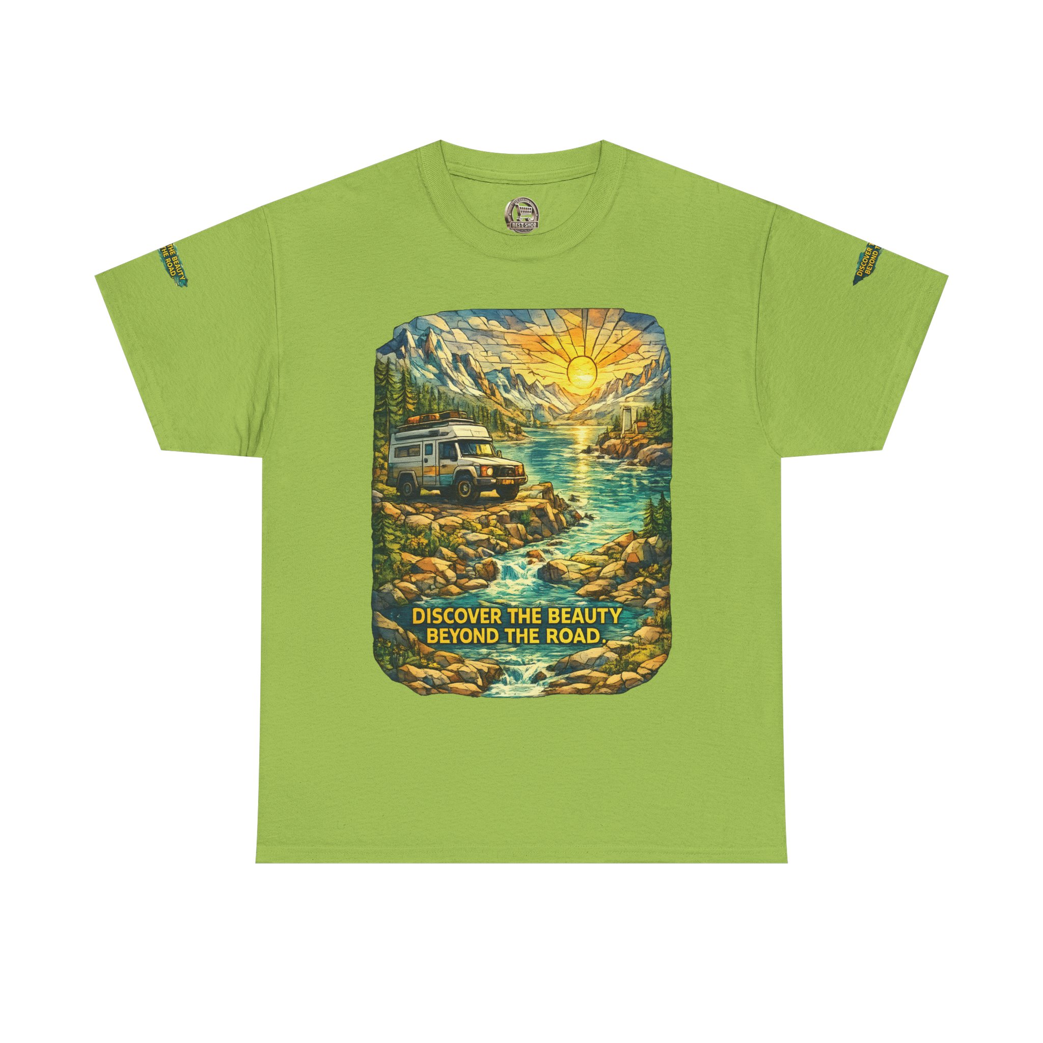 Unisex Heavy Cotton Tee — "Discover The Bieuty Beyond The Road" Design Cubic-Line