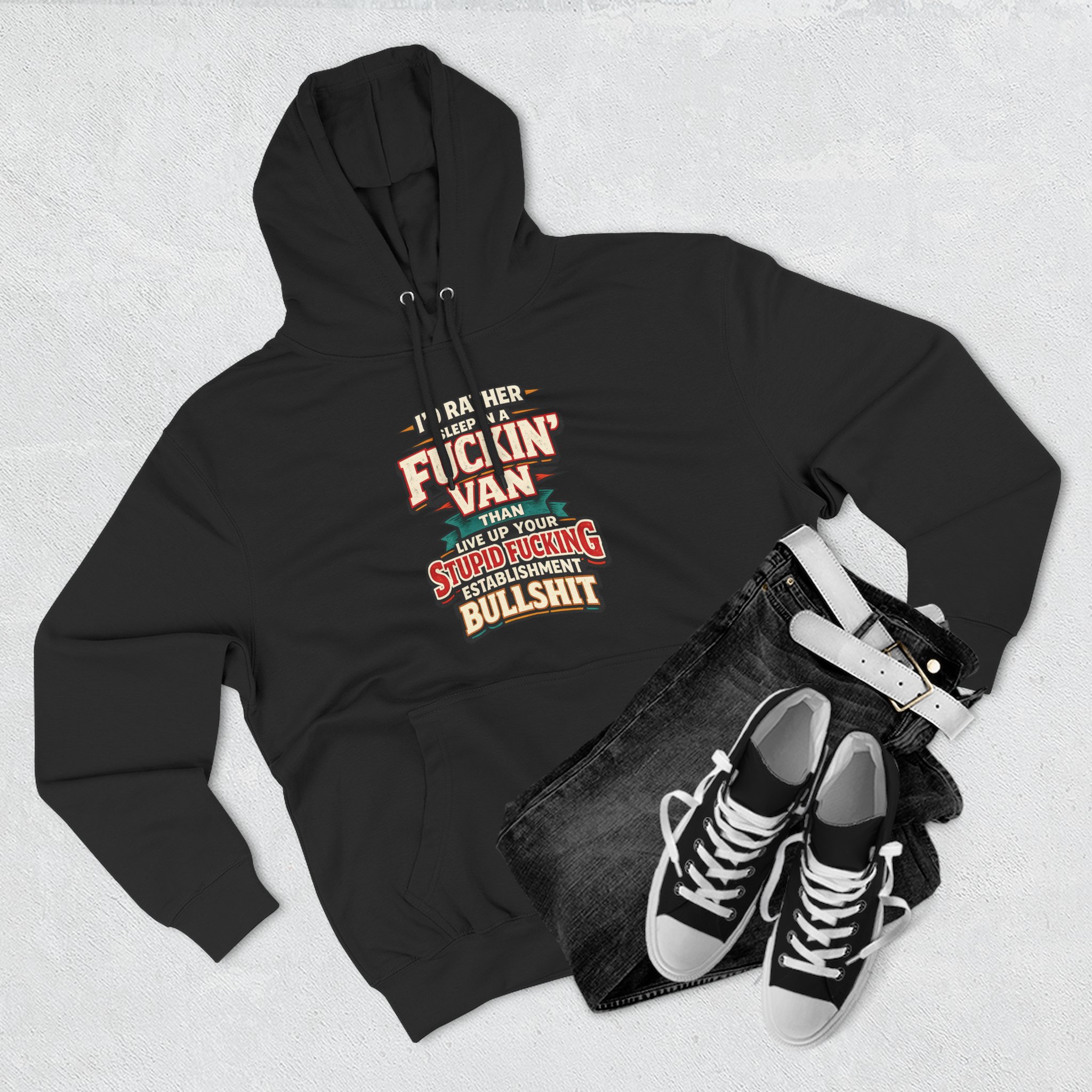 7512375058776345757_2048.jpeg Three-Panel Fleece Hoodie - "I´d Rather Sleep in A Fucking Van" Design F**K-Line