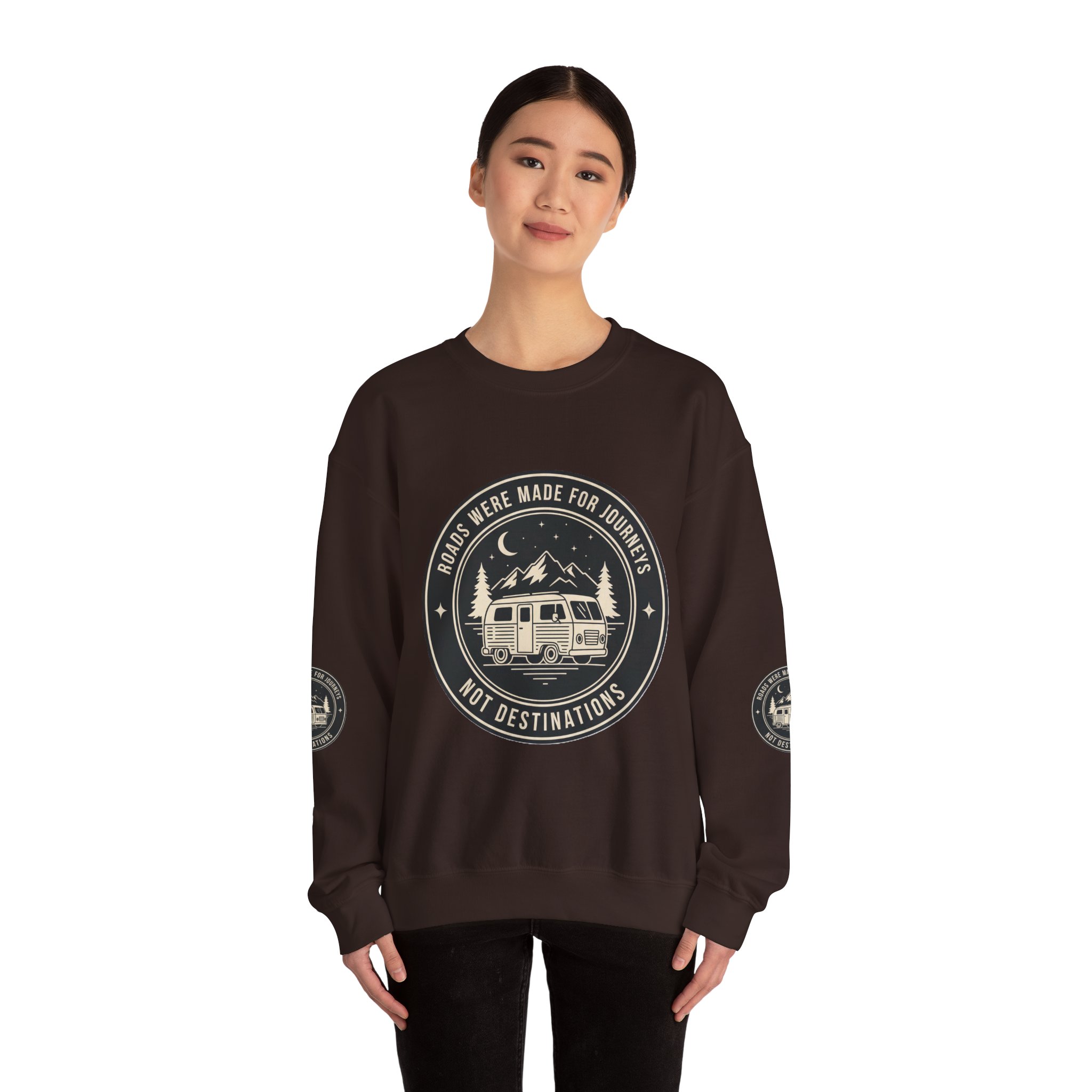 Crewneck Sweatshirt — "ROAD WHERE MADE FOR JOURNEYS-NOT DESTINATIONS" (Font + Back + Sleaves printed) Vintage Camper Van Outdoor Graphic