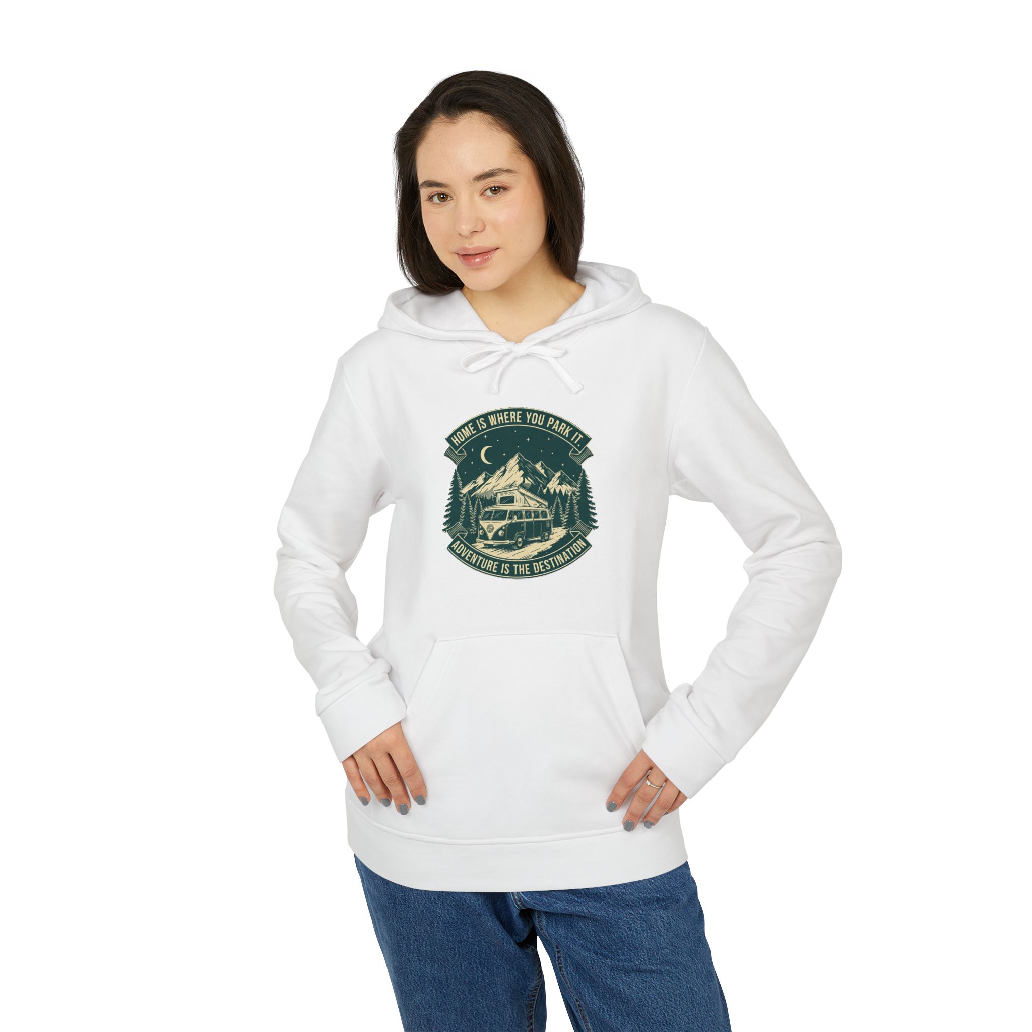 Hoodie(Adidas) — "Home Is Where You Park It-Adventure is the destination" Outdoor Travel Pullover (Front + Back Printed)