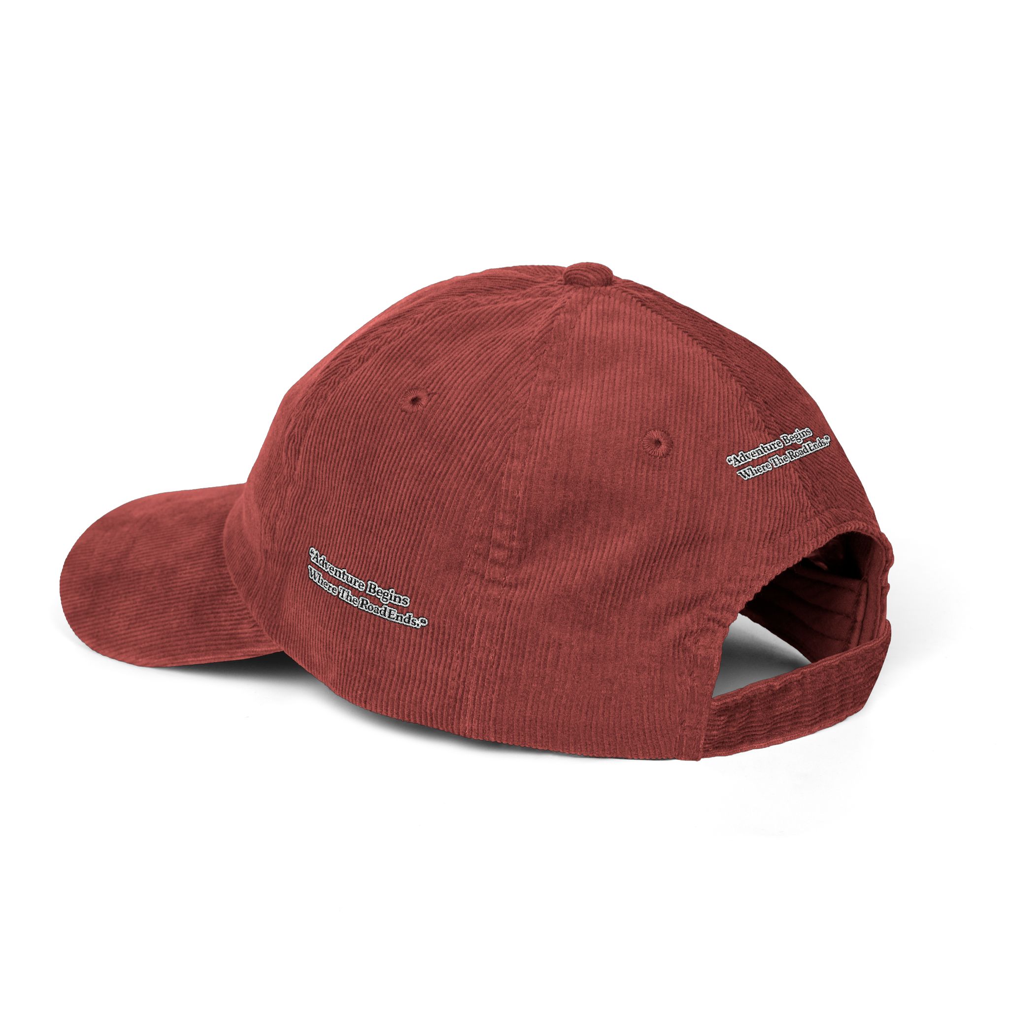 Vintage Corduroy Cap (Embroidery) — "Adventure Begins Where The Road Ends" Embroidered Hat