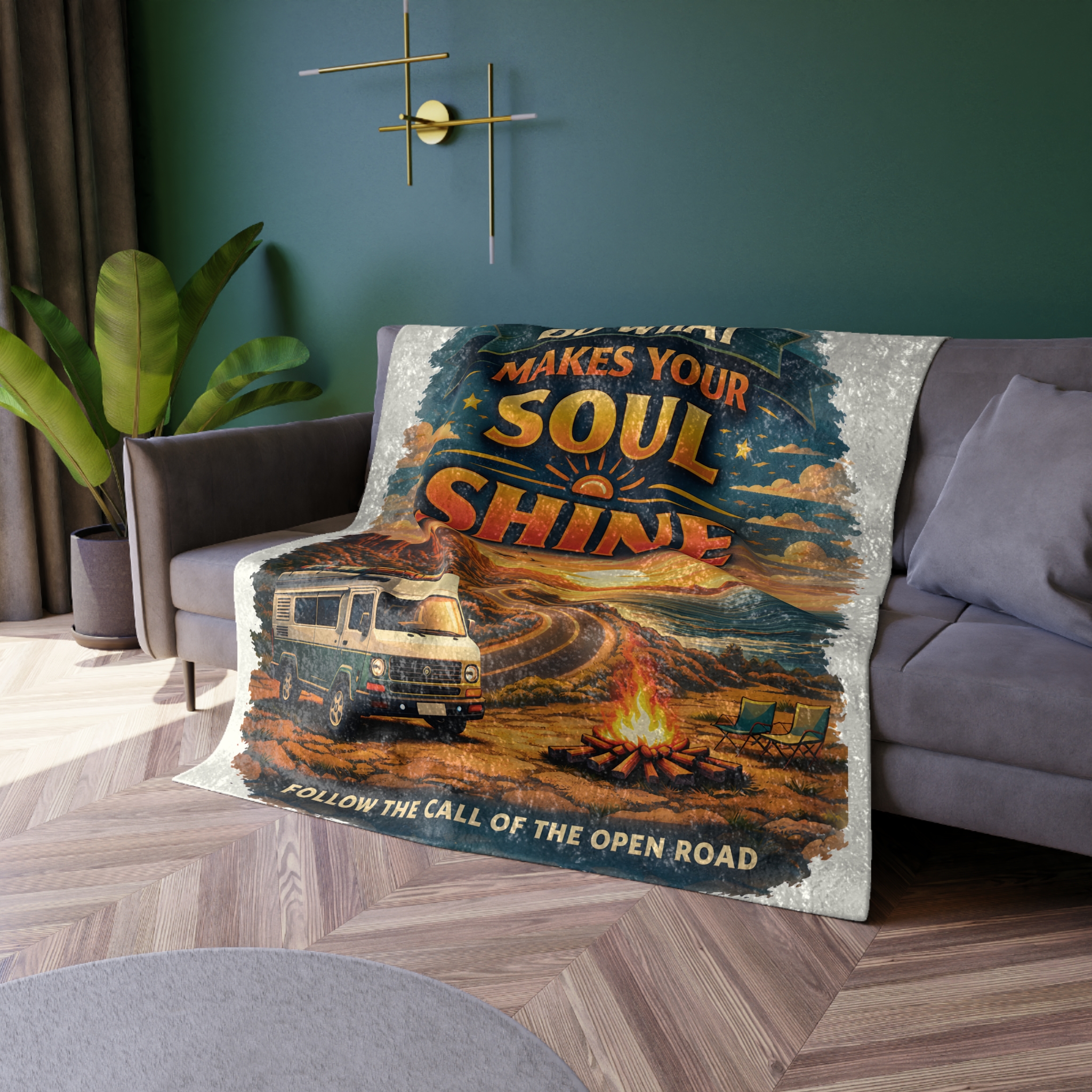Crushed Velvet Blanket —"Do What Makes Your Soul Shine" Design Scenic-Line (Campervan)