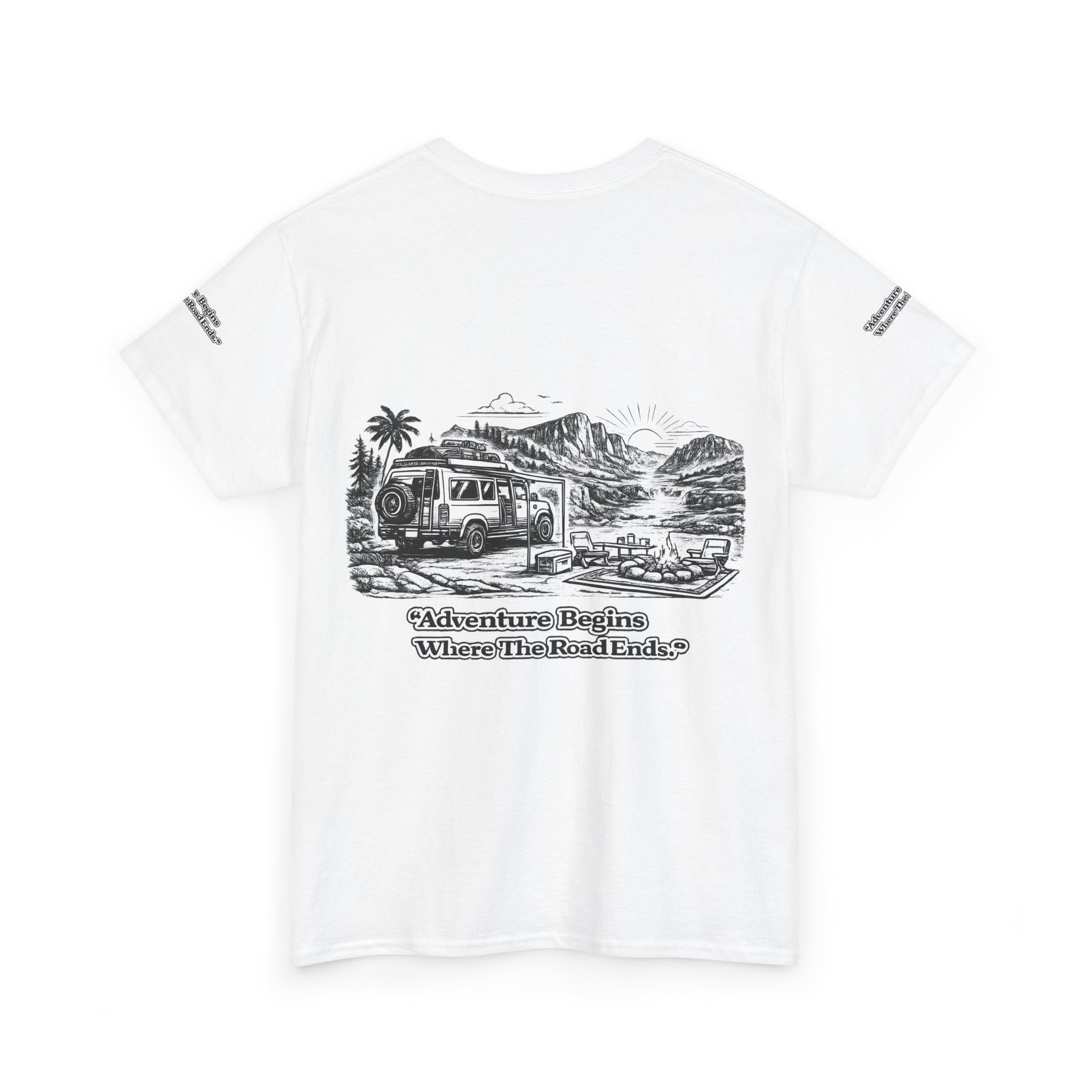Unisex Heavy Cotton Tee — "Adventure Begins Where The Road Ends" Design Minimal-Line