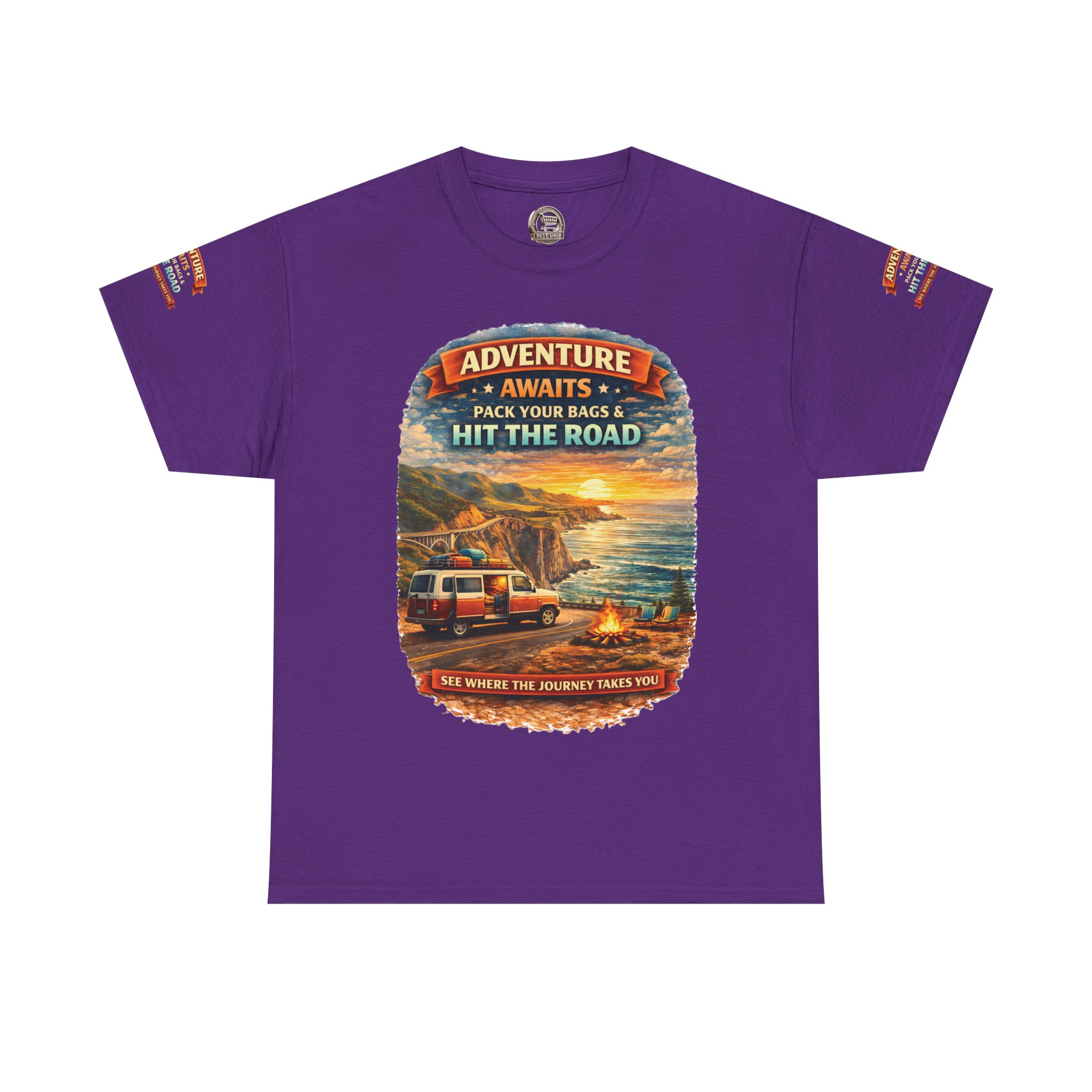 Unisex Heavy Cotton Tee — "Adventure Awaits-Pack Your Bags" Design Scenic-Line