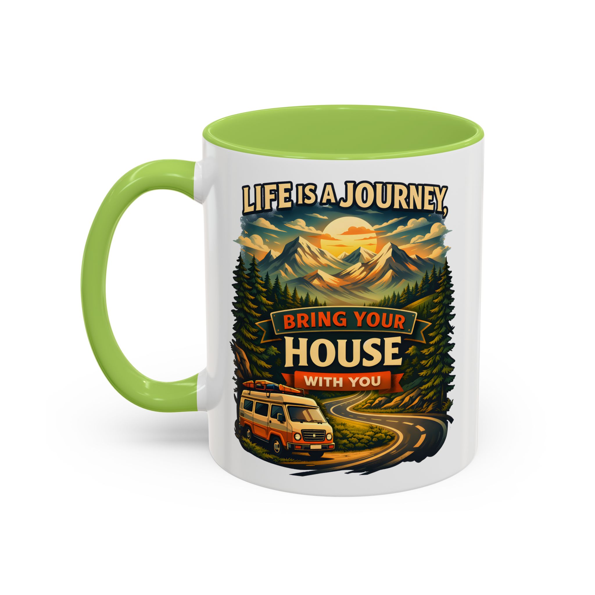 Accent Coffee Mug (11, 15oz) — "Live Is A Journey-Bring Your House With You" Design Scenic-Line