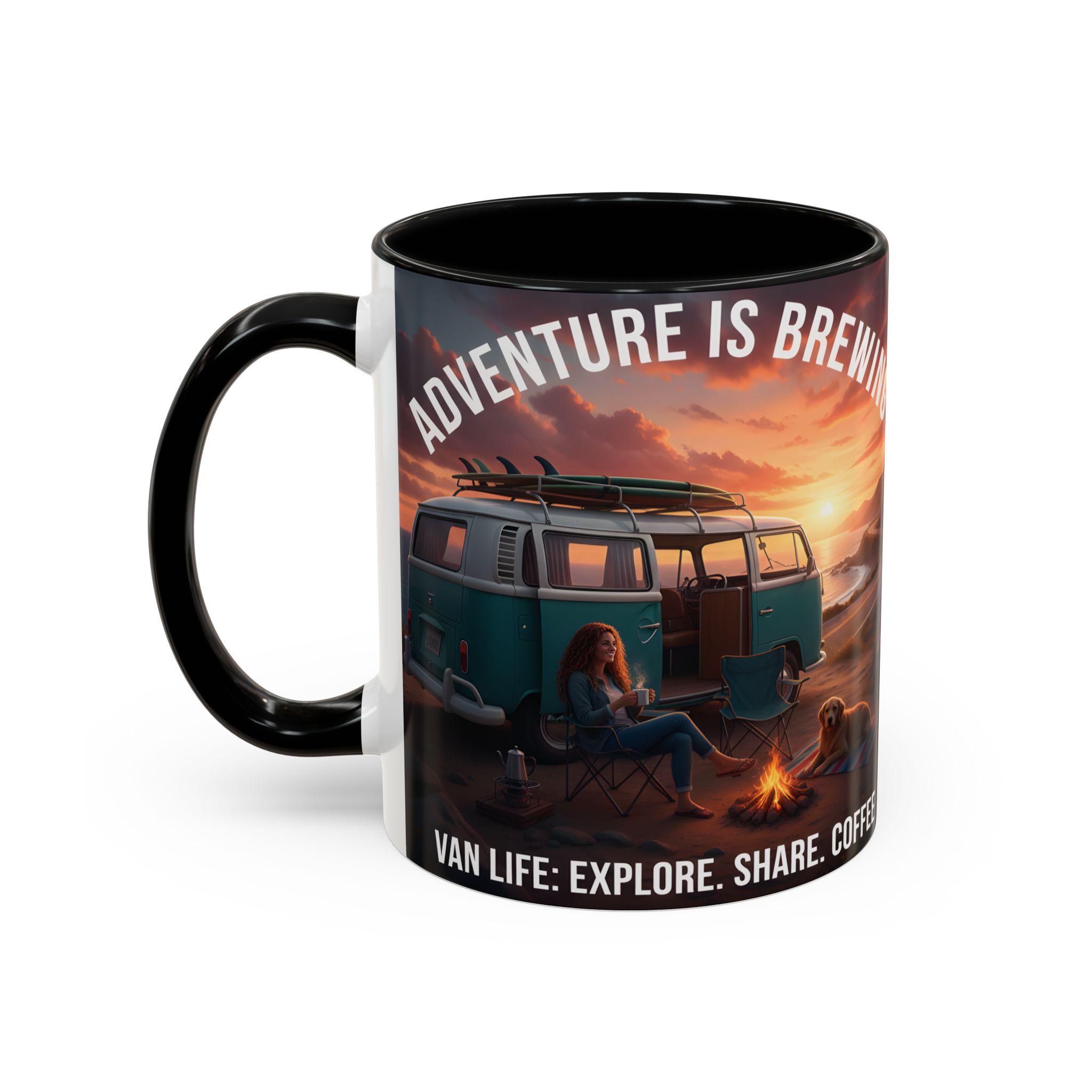 Accent Coffee Mug (11, 15oz) — "Adventure is brewing"