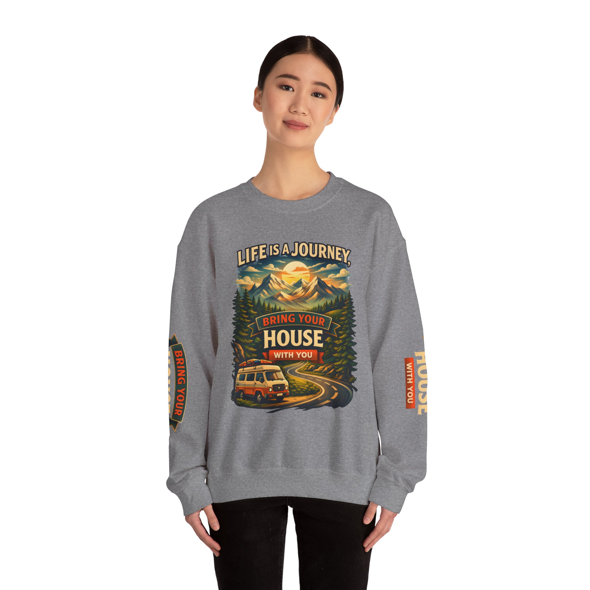 Unisex Heavy Blend™ Crewneck Sweatshirt — "Live Is A Journey-Bring Your House With You" Design Scenic-Line