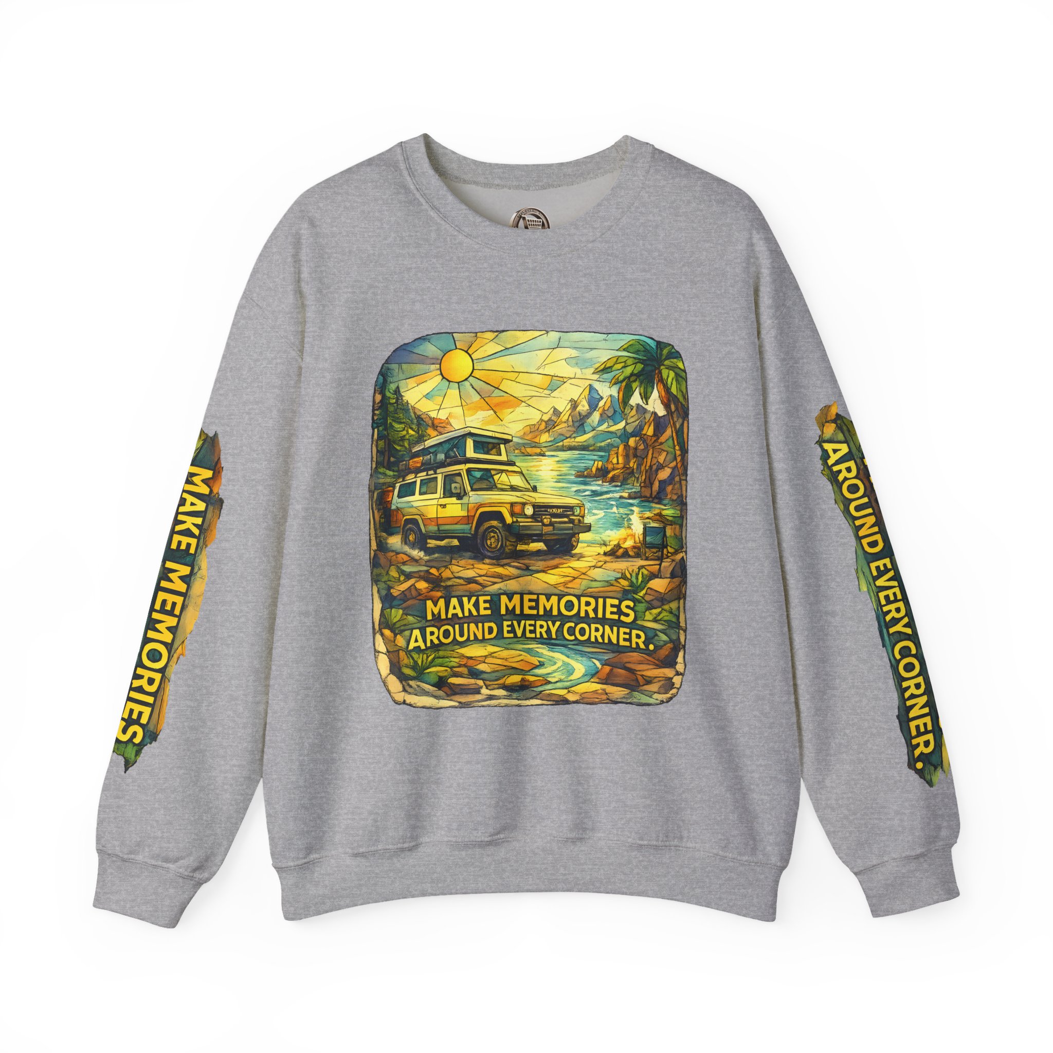 Unisex Heavy Blend™ Crewneck Sweatshirt — "Make Memories Around Every Corner" Design Cubic-Line