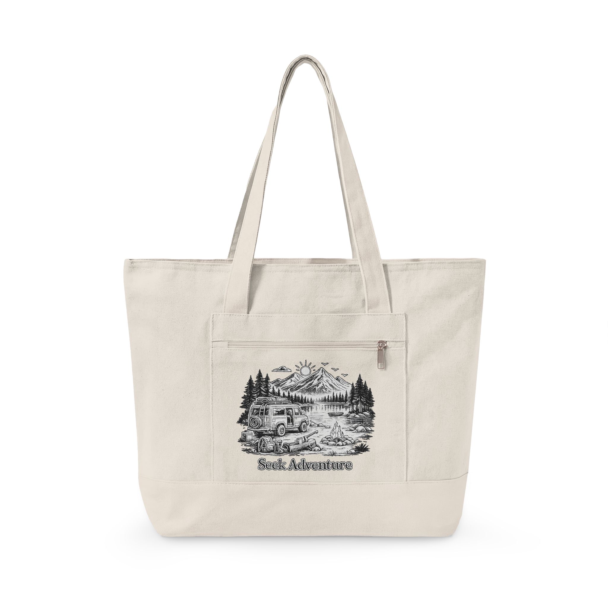 Zippered Canvas Tote — "Seek Adventure" (Design Minimal-Line)