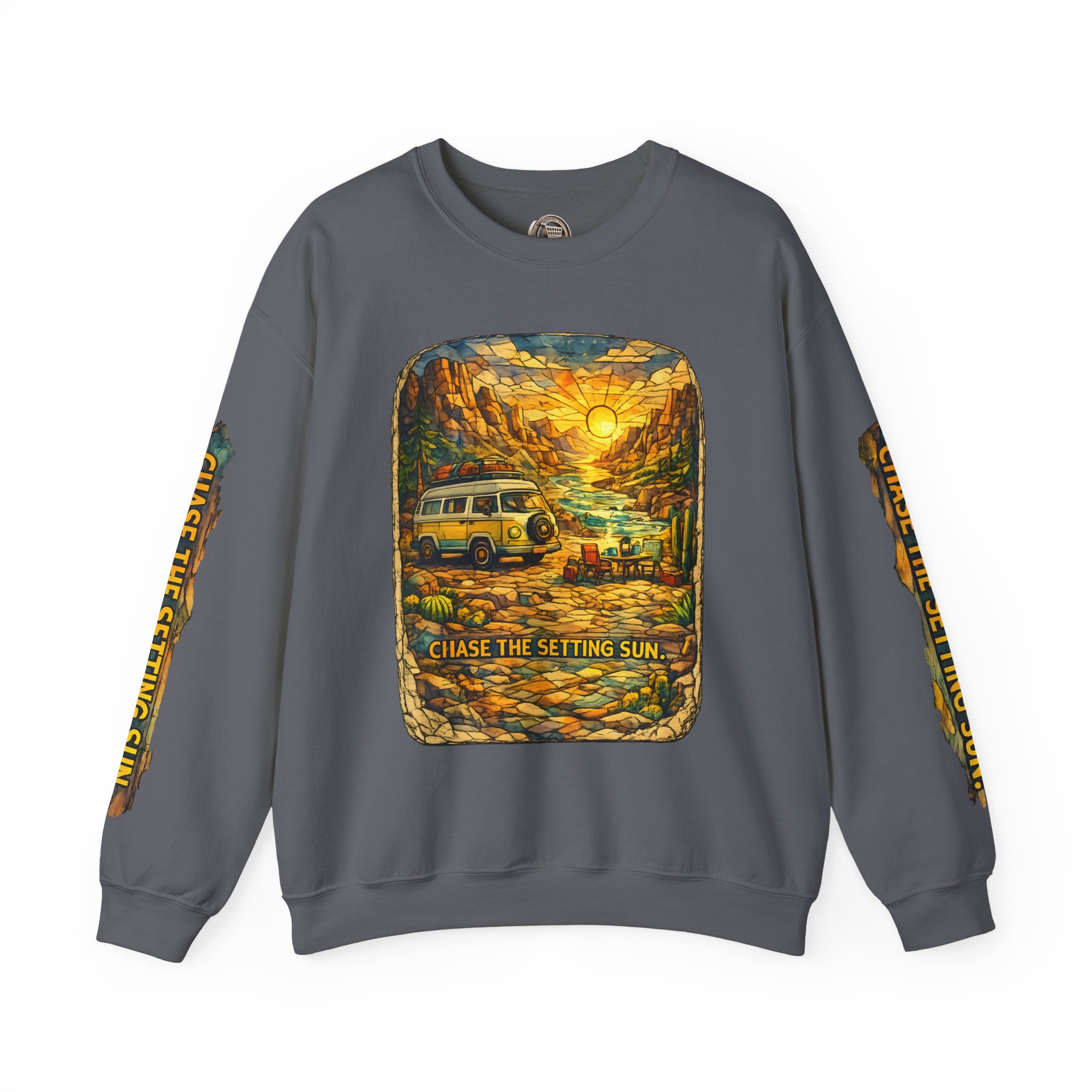 Unisex Heavy Blend™ Crewneck Sweatshirt — "Chase The Settings Sun" Design Cubic-Line