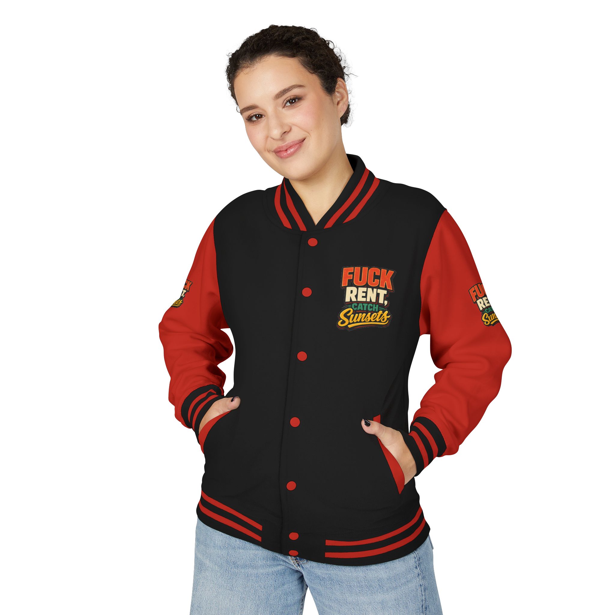 755547789571260546_2048-2.jpeg Unisex Heavyweight Letterman Jacket — "Fuck Rent Catch Sunsets" Design F**K-Line