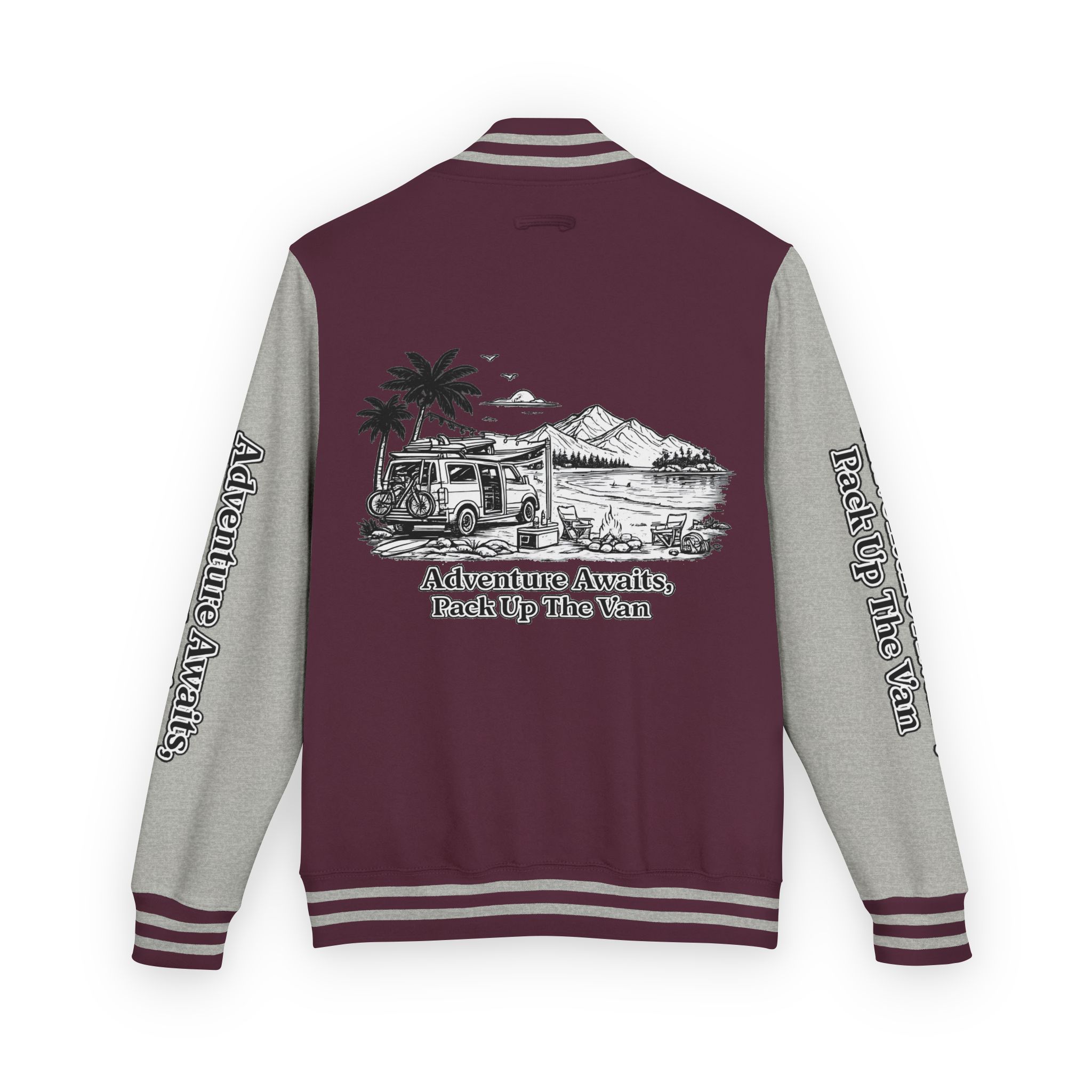 Unisex Heavyweight Letterman Jacket — "Adventure Awaits,Pack Up The Van" Travel Varsity Coat
