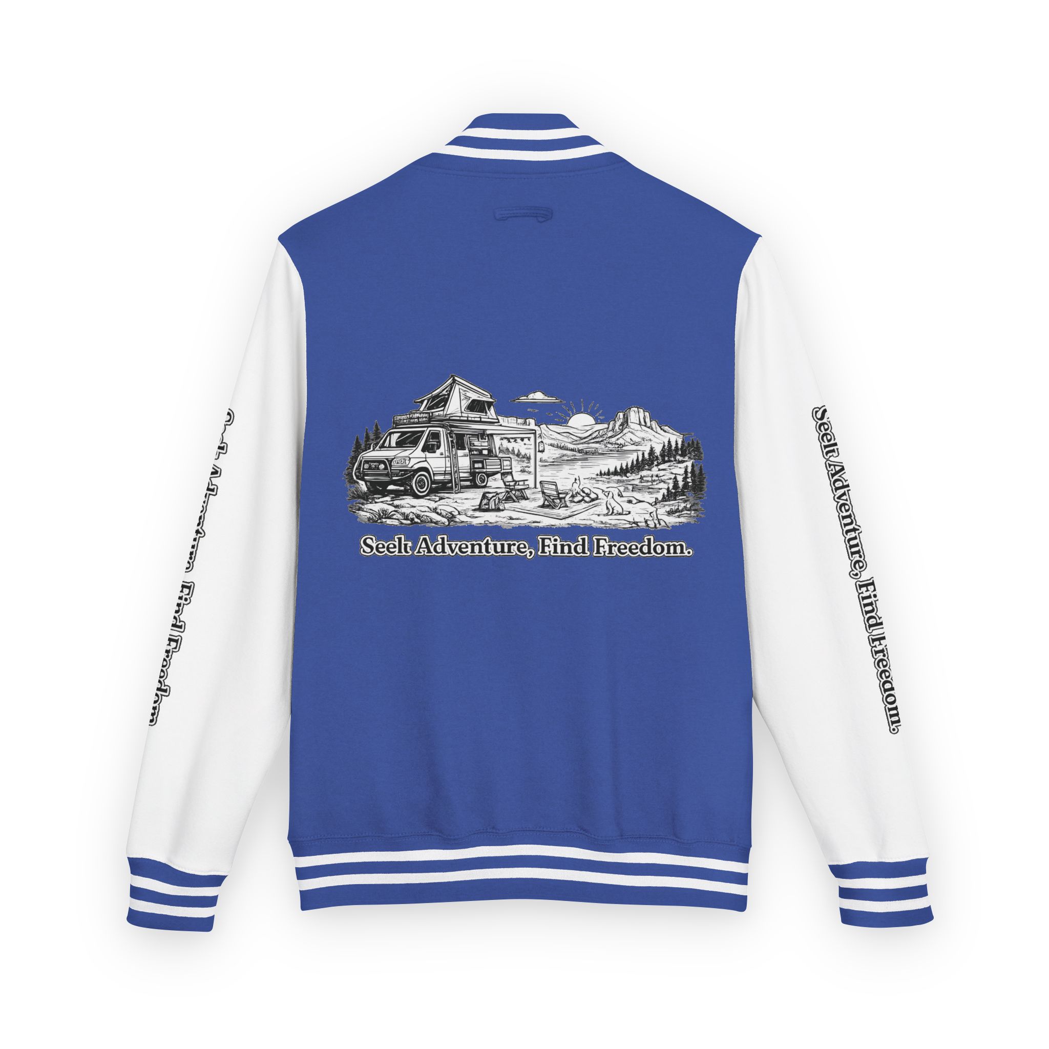Unisex Heavyweight Letterman Jacket — "Seek Adventure, Find Freedom" Travel Varsity Coat
