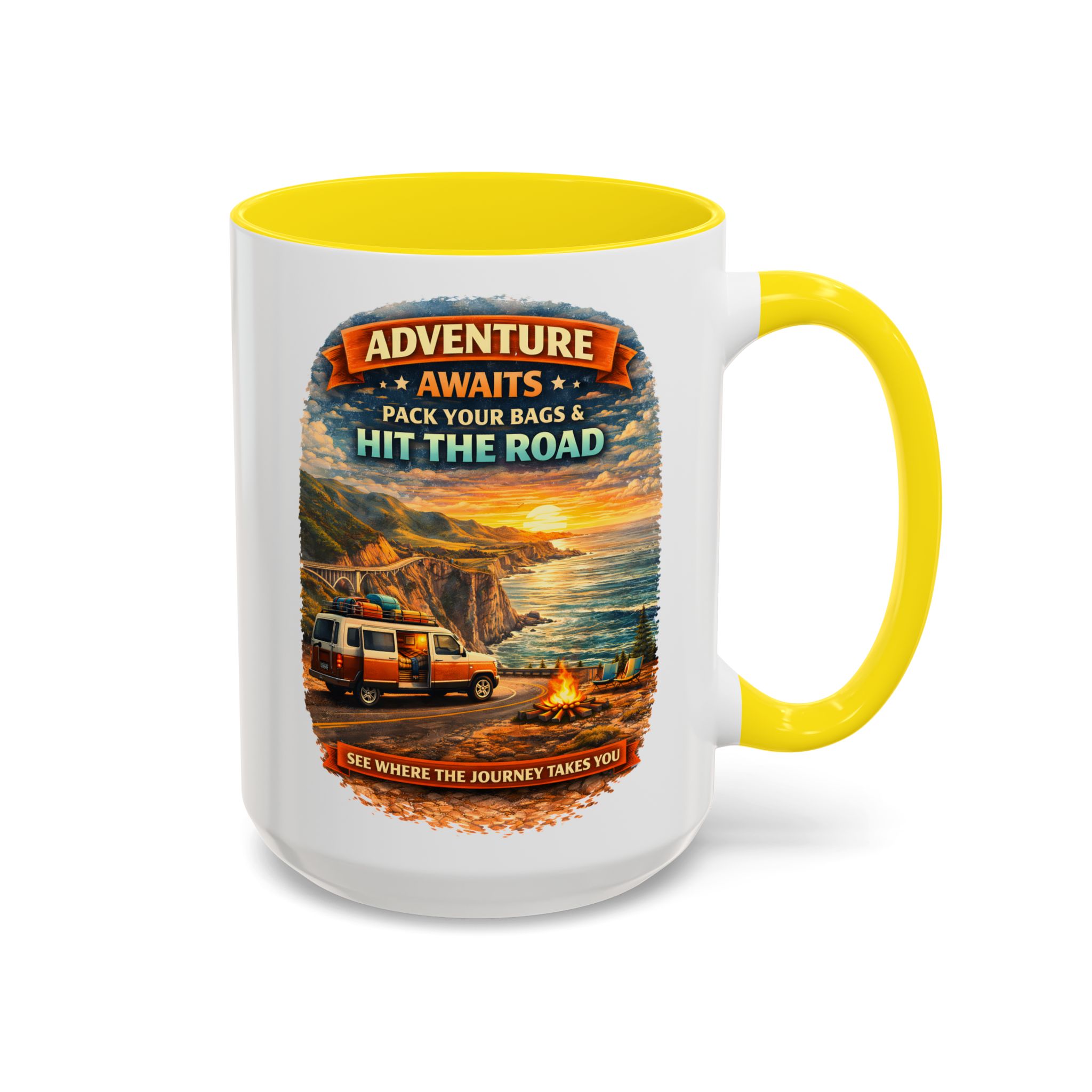 Accent Coffee Mug (11, 15oz) — "Adventure Awaits-Pack Your Bags" Design Scenic-Line