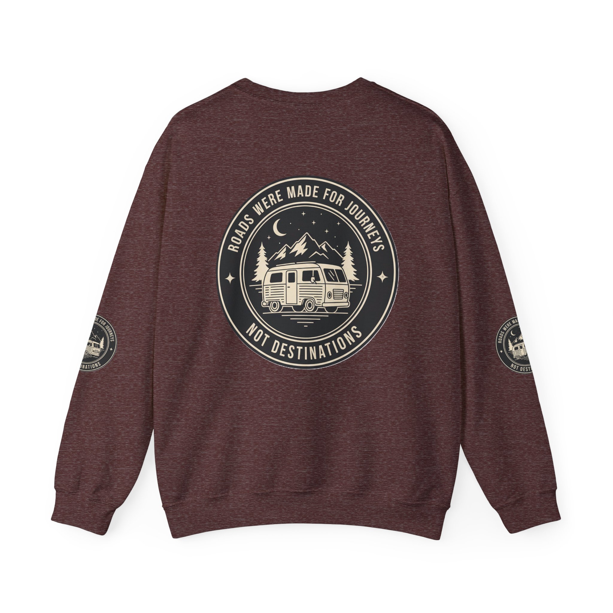 Crewneck Sweatshirt — "ROAD WHERE MADE FOR JOURNEYS-NOT DESTINATIONS" (Font + Back + Sleaves printed) Vintage Camper Van Outdoor Graphic