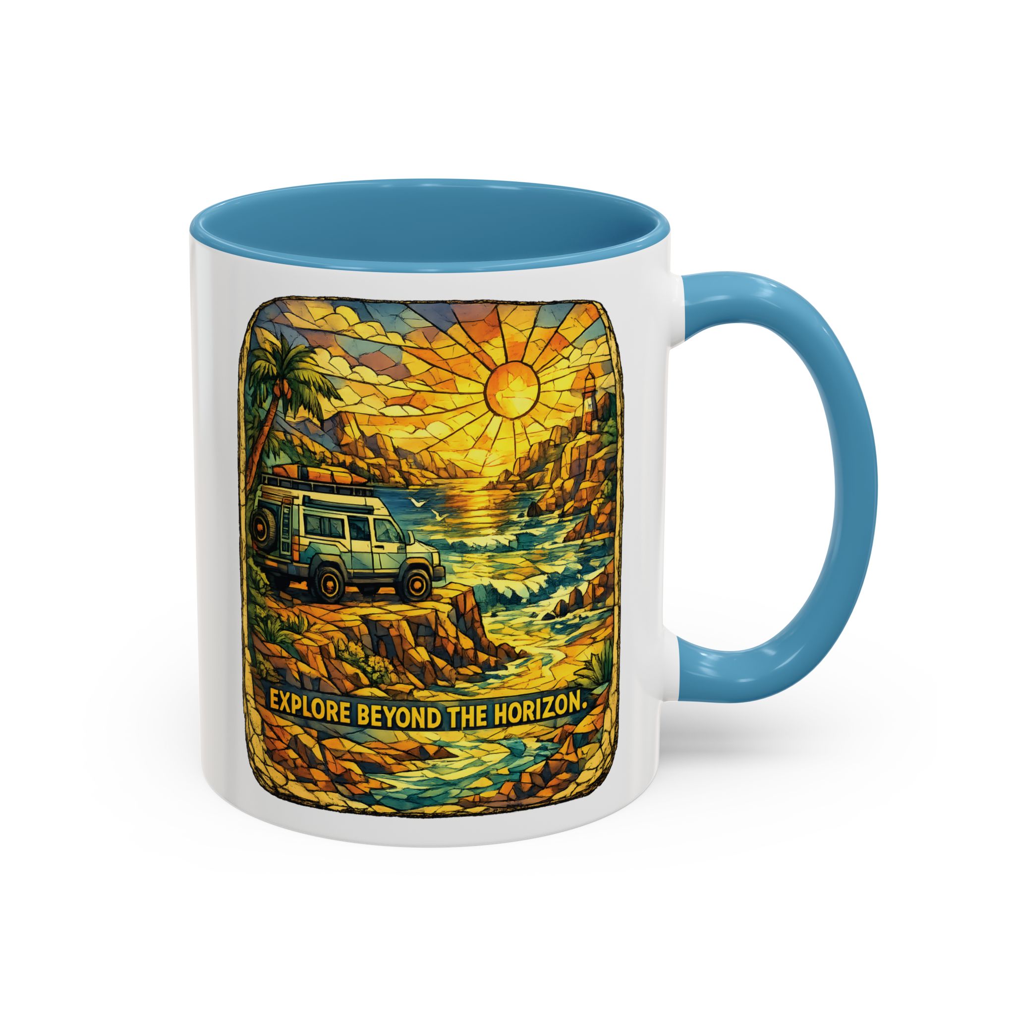 Accent Coffee Mug (11, 15oz) — "Explore Beyond The Horizon" Design Cubic-Line