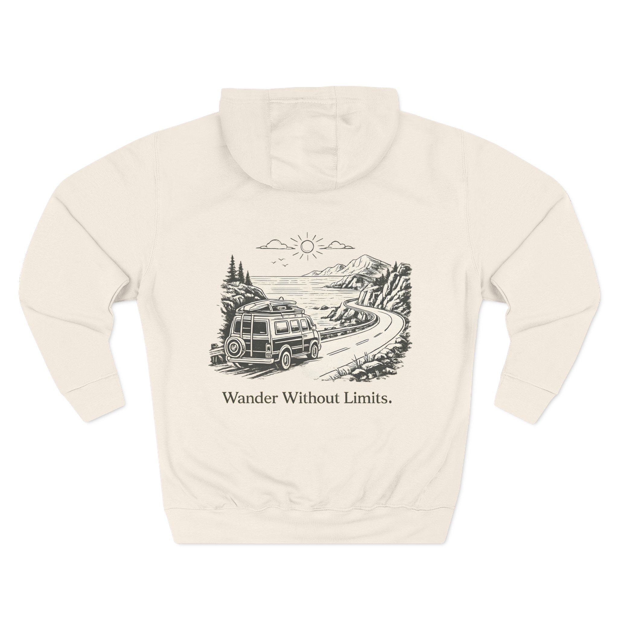 Three-Panel Fleece Hoodie - "Wander Without Limits" Design Minimal-Line