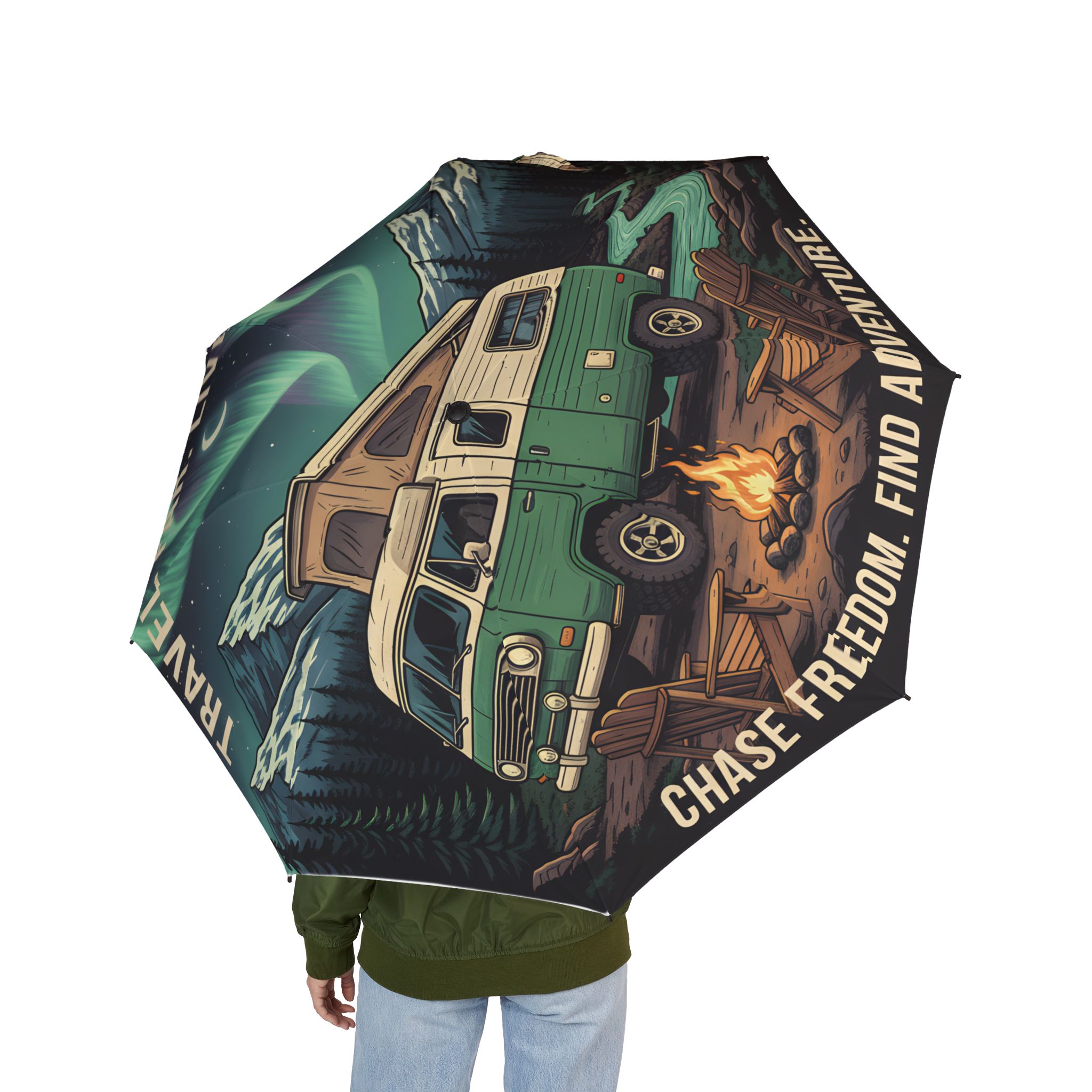 Semi-Automatic Foldable Umbrella — "Travel Far Live More" Vintage Adventure Print