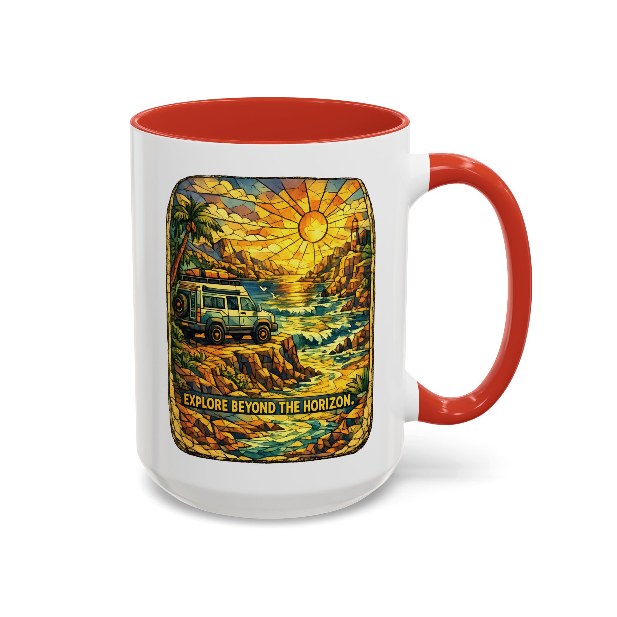 Accent Coffee Mug (11, 15oz) — "Explore Beyond The Horizon" Design Cubic-Line