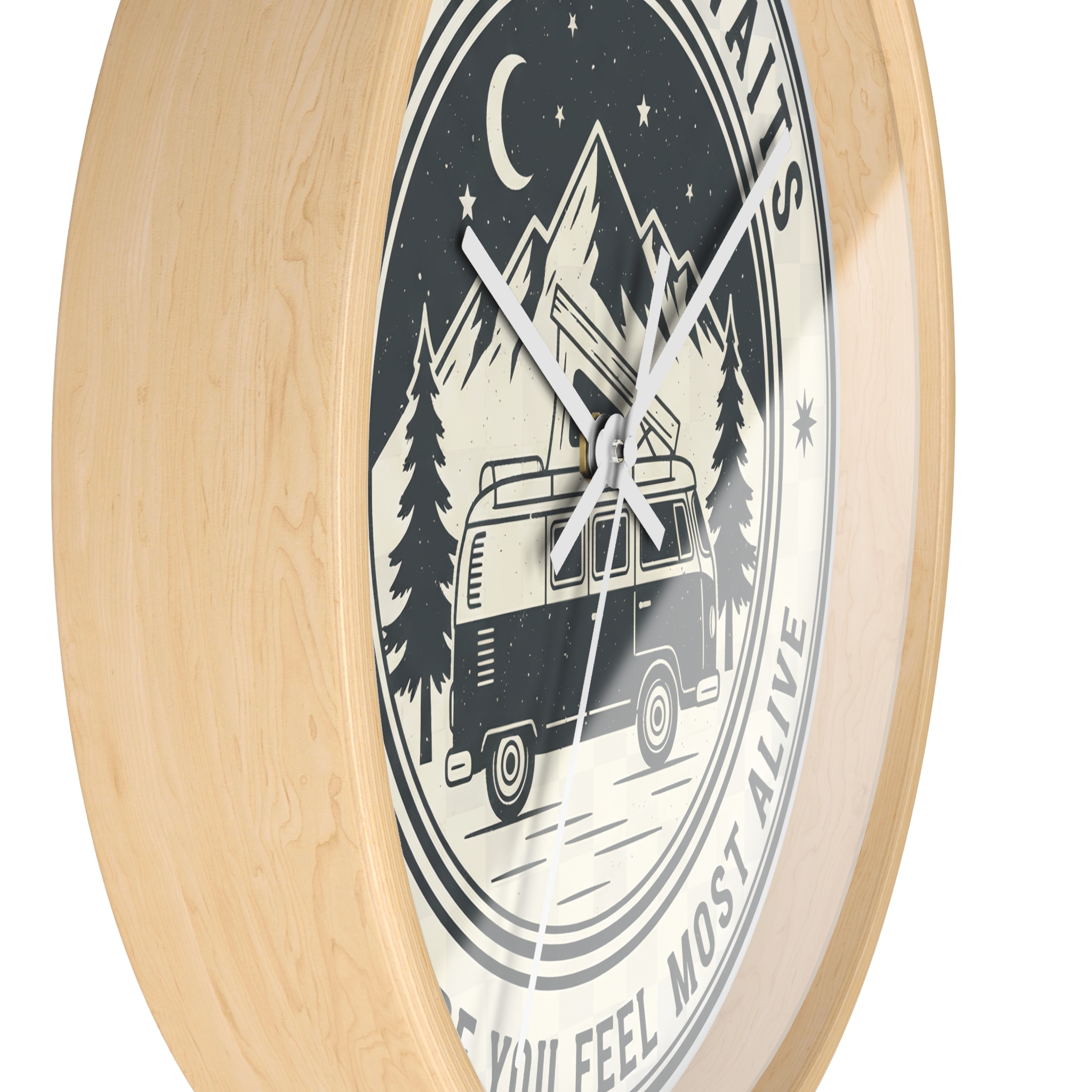 Wall Clock — "Adventure Awaits-Go Where You Feel Most Alive" Camper Van Mountain Travel Timepiece