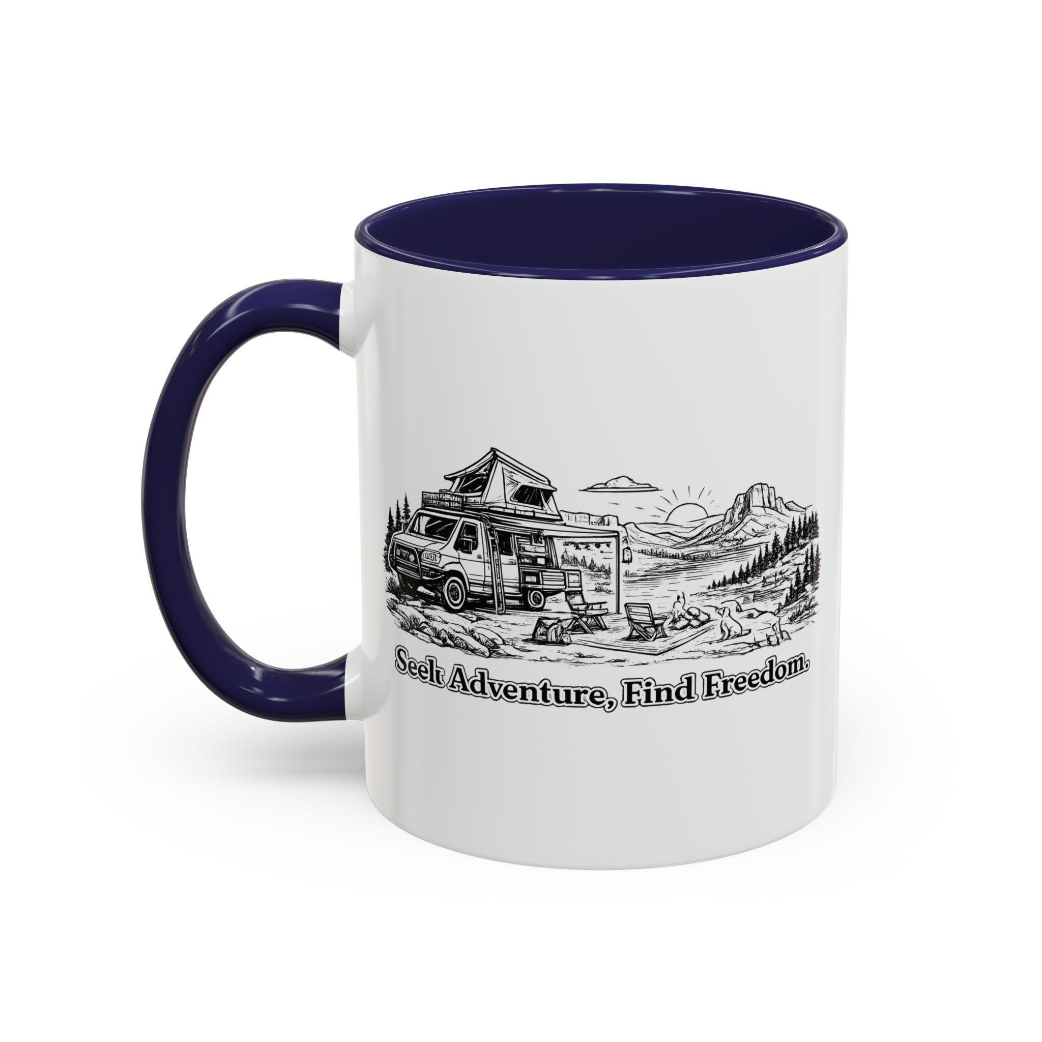 Accent Coffee Mug (11, 15oz) — "Seek Adventure, Find Freedom" Design Minimal-Line
