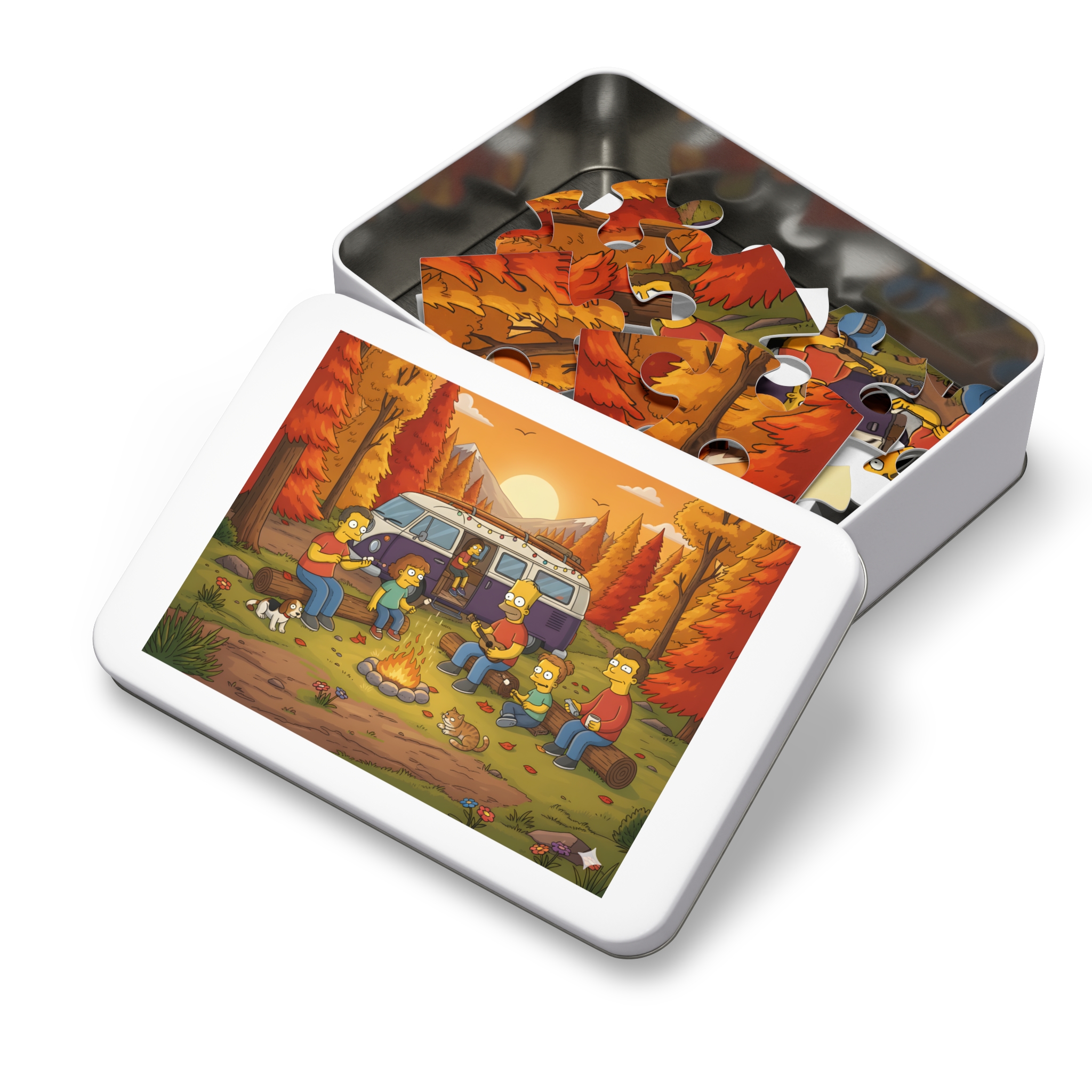 Jigsaw Puzzle with Tin — Autumn Van Bonfire Scene