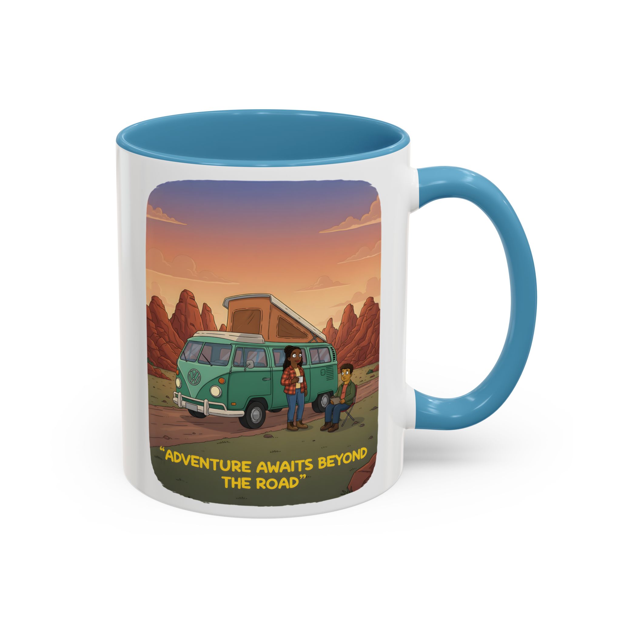 Accent Coffee Mug (11, 15oz) — "Adventure Awaits Beyond The Road" Design Sitcom-Line