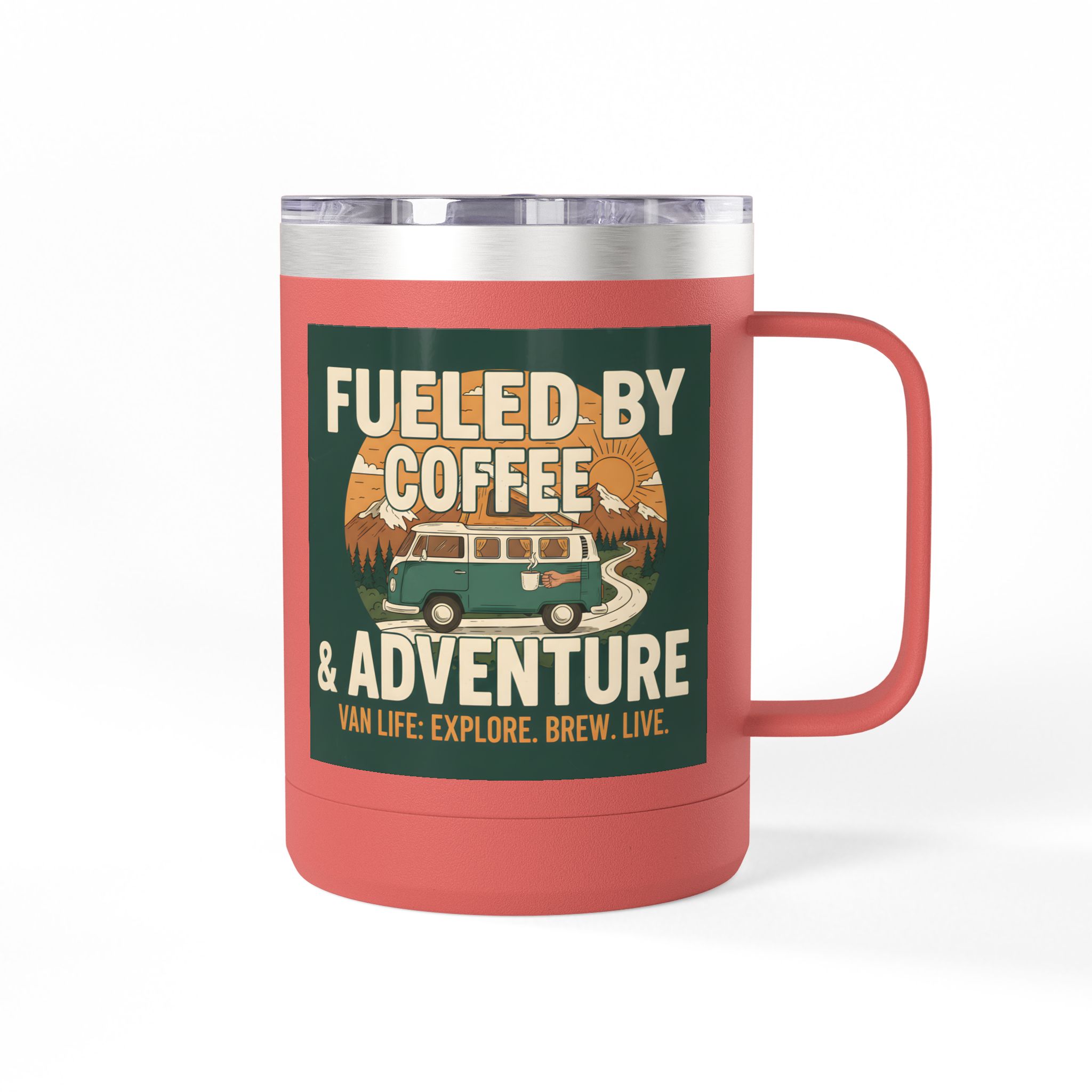 Coffee Mug Tumbler, 15oz — "Fueled by Coffee & Adventure"