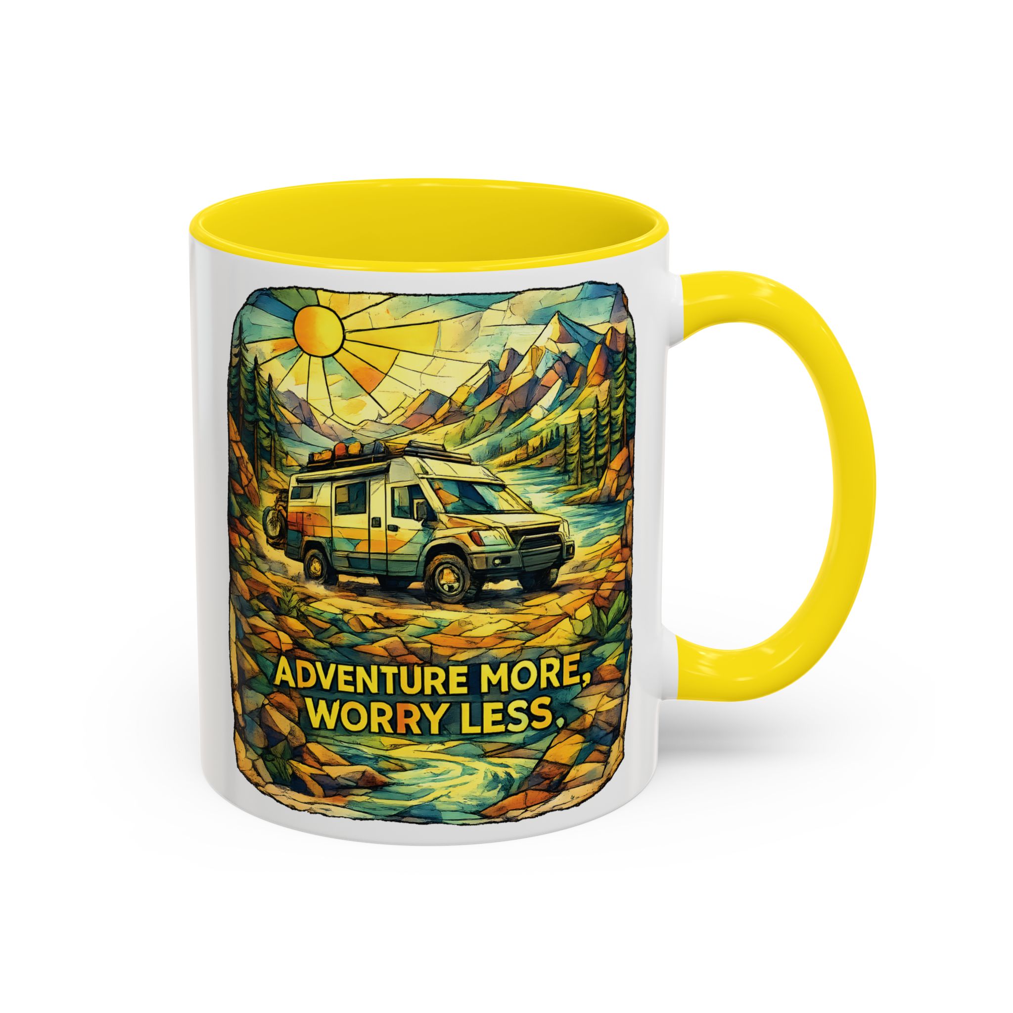 Accent Coffee Mug (11, 15oz) — "Adventure More Worry Less" Design Cubic-Line