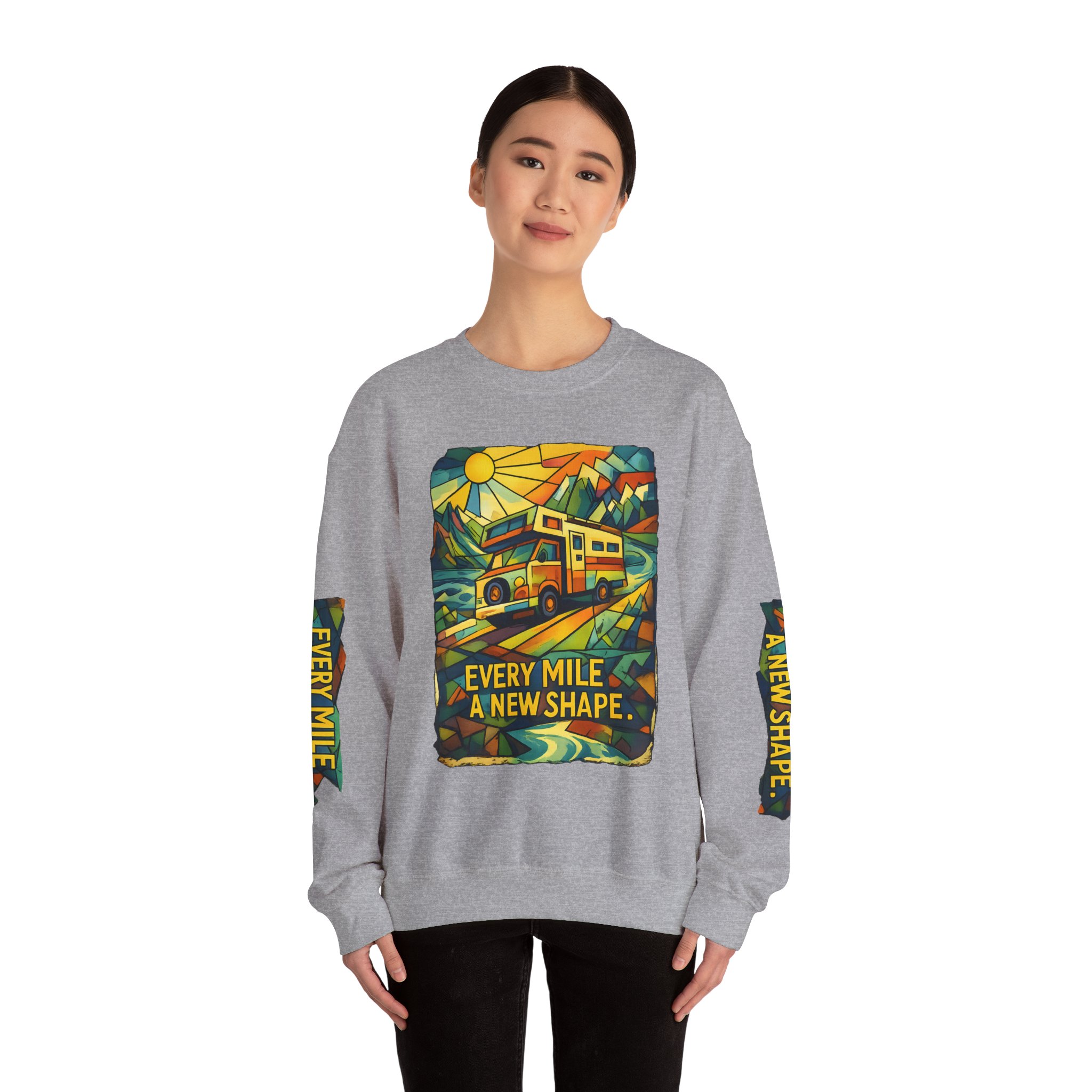 Unisex Heavy Blend™ Crewneck Sweatshirt — "Every Mile A New Shape" Design Cubic-Line