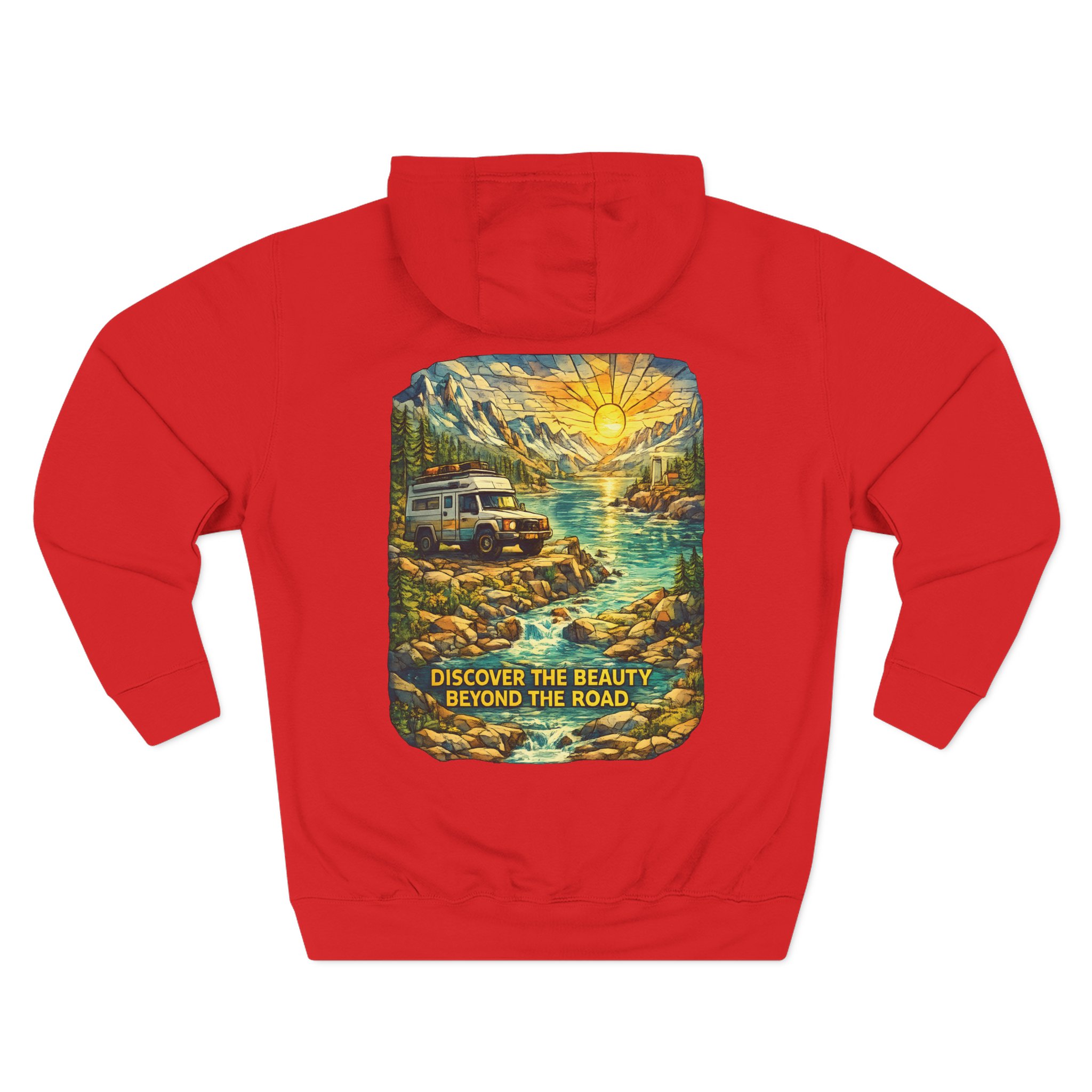 Three-Panel Fleece Hoodie - "Discover The Bieuty Beyond The Road" Design Cubic-Line