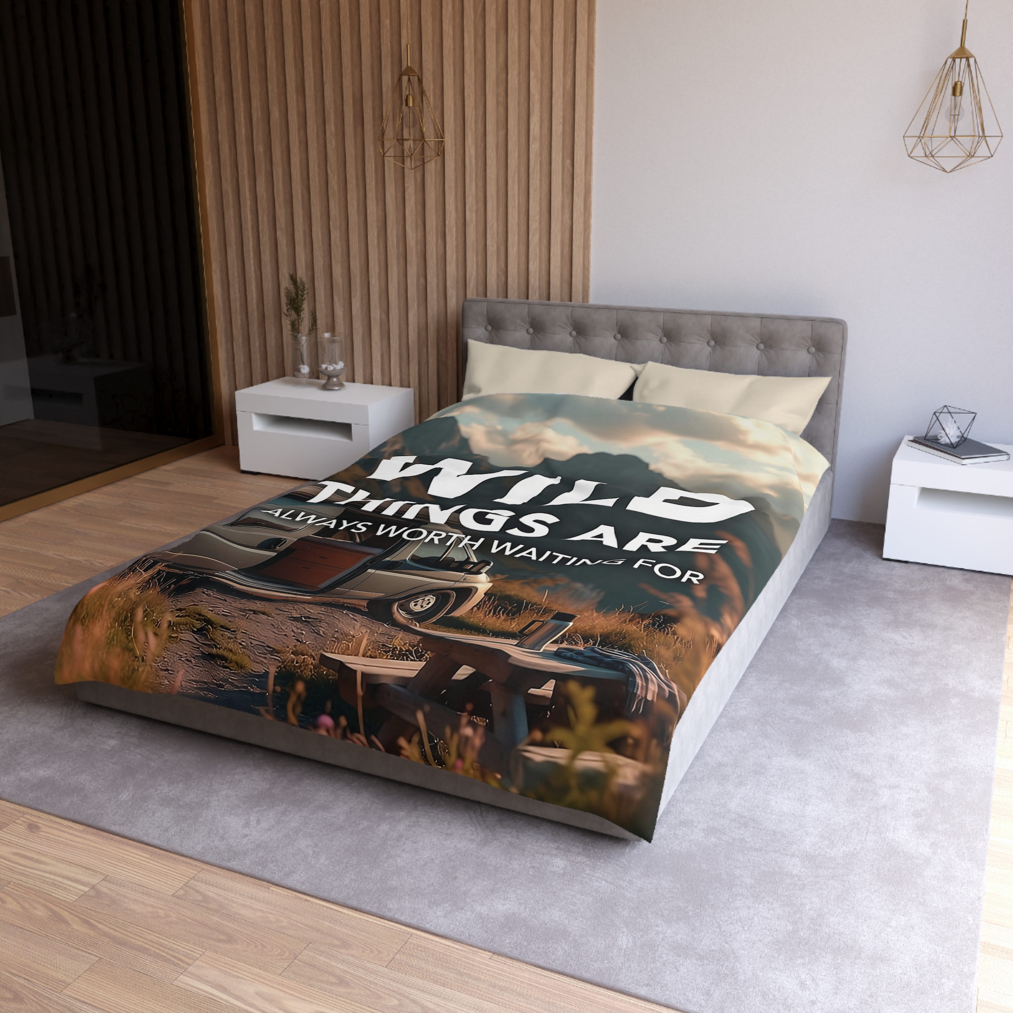 Duvet Cover — "Wild Things Are Always Worth Waiting For" Scenic Camper Bedroom Decor