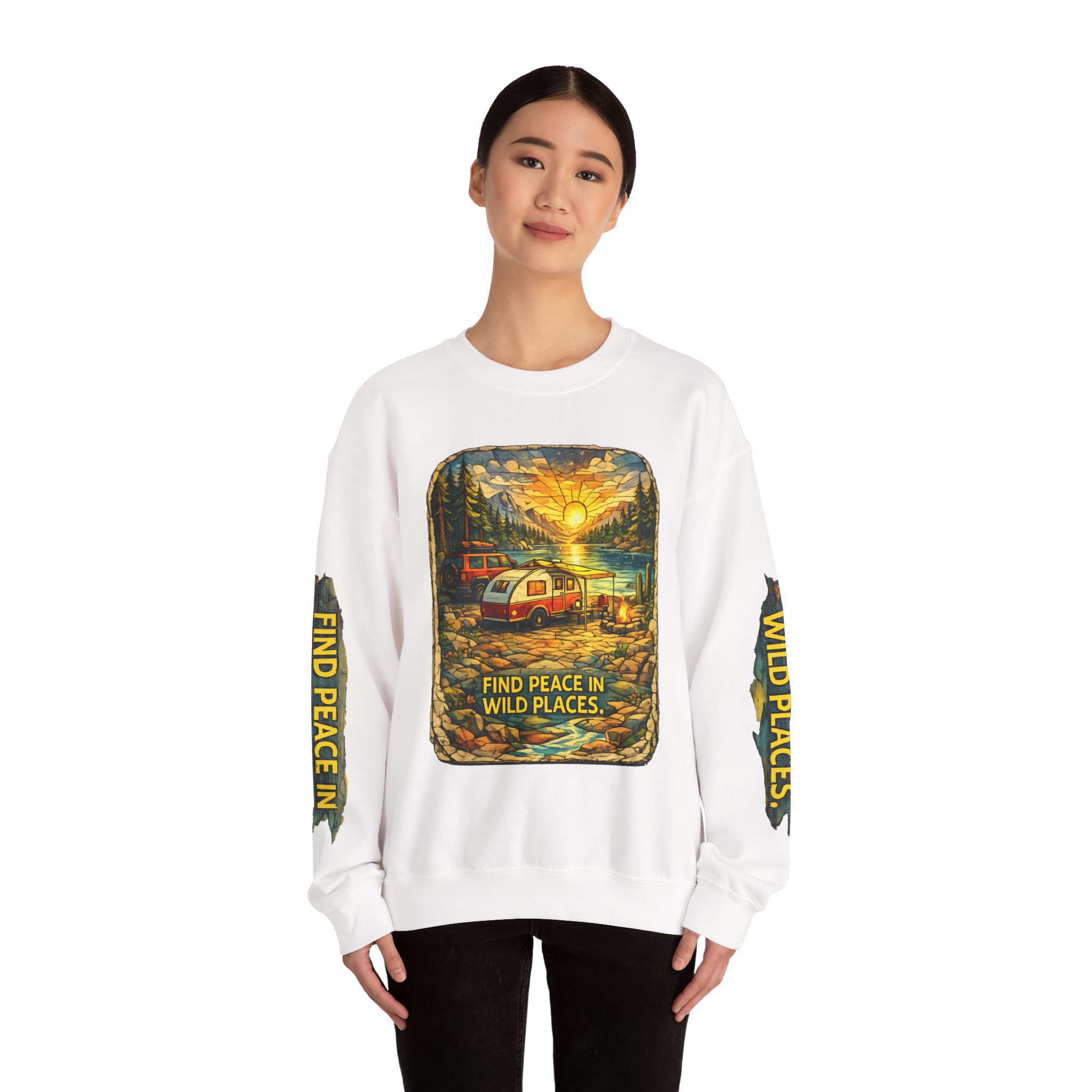 Unisex Heavy Blend™ Crewneck Sweatshirt — "Find Peace In Wild Places" Design Cubic-Line