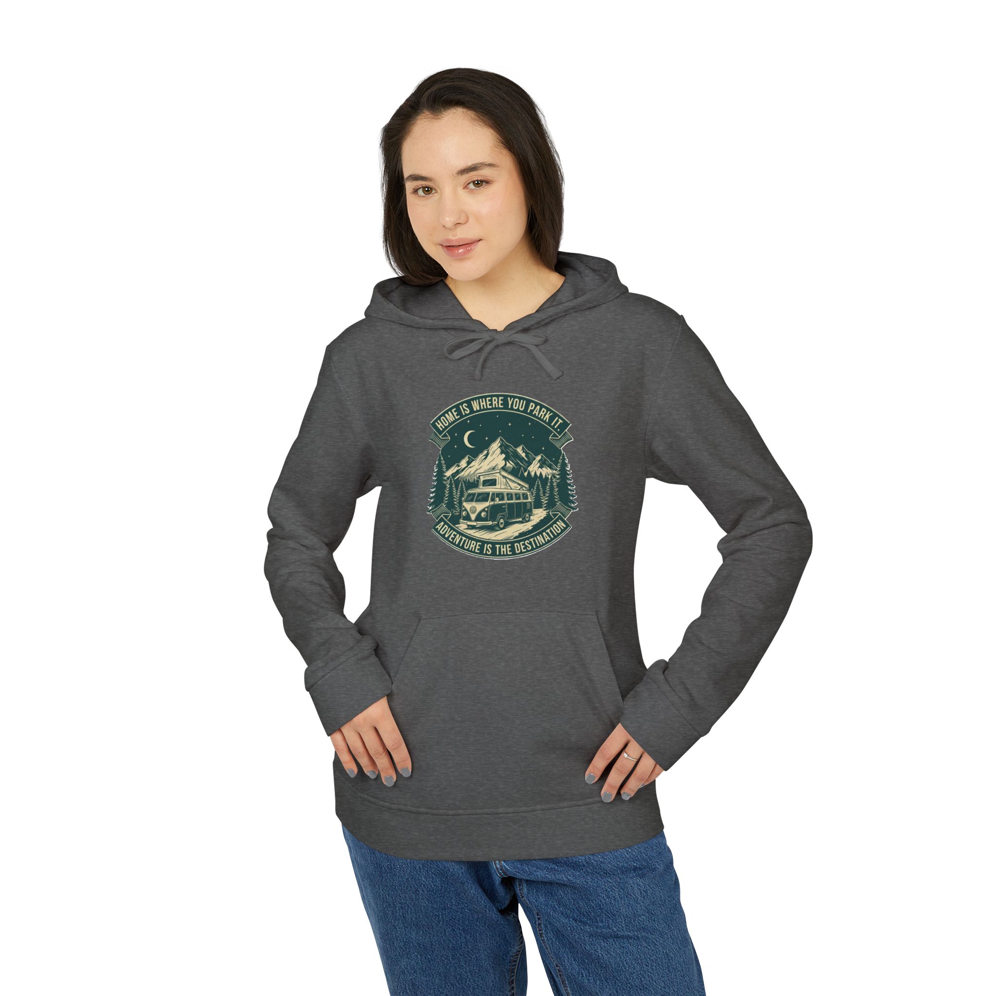 Hoodie(Adidas) — "Home Is Where You Park It-Adventure is the destination" Outdoor Travel Pullover (Only Front Printed)