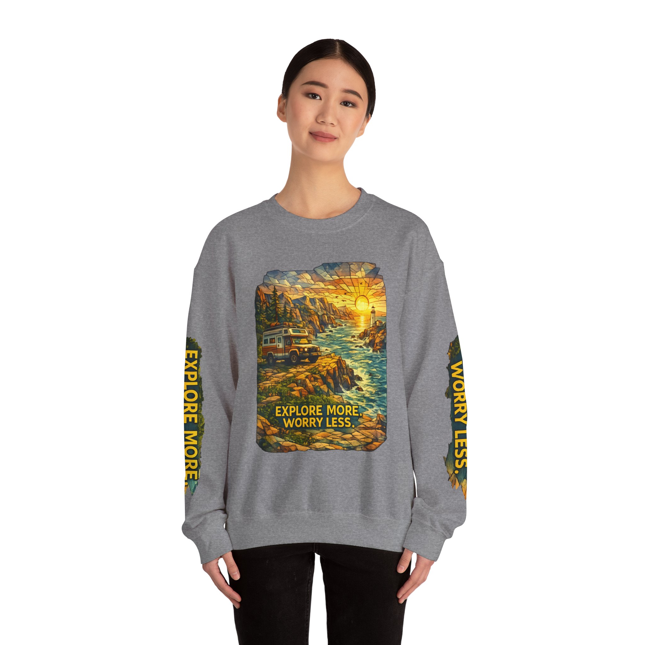 Unisex Heavy Blend™ Crewneck Sweatshirt — "Explore More Worry Less" Design Cubic-Line