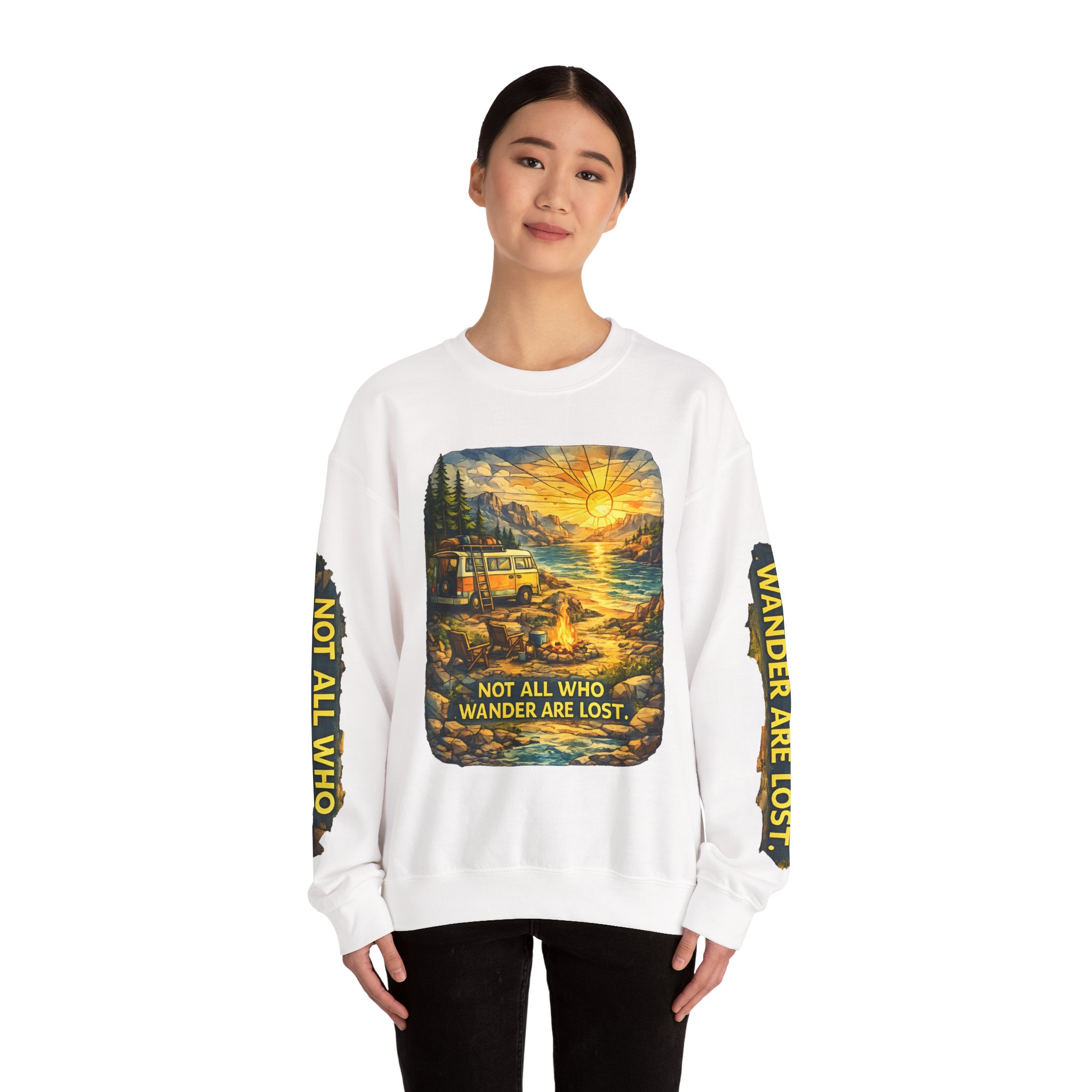 Unisex Heavy Blend™ Crewneck Sweatshirt — "Not All Who Wander Are Lost" Design Cubic-Line