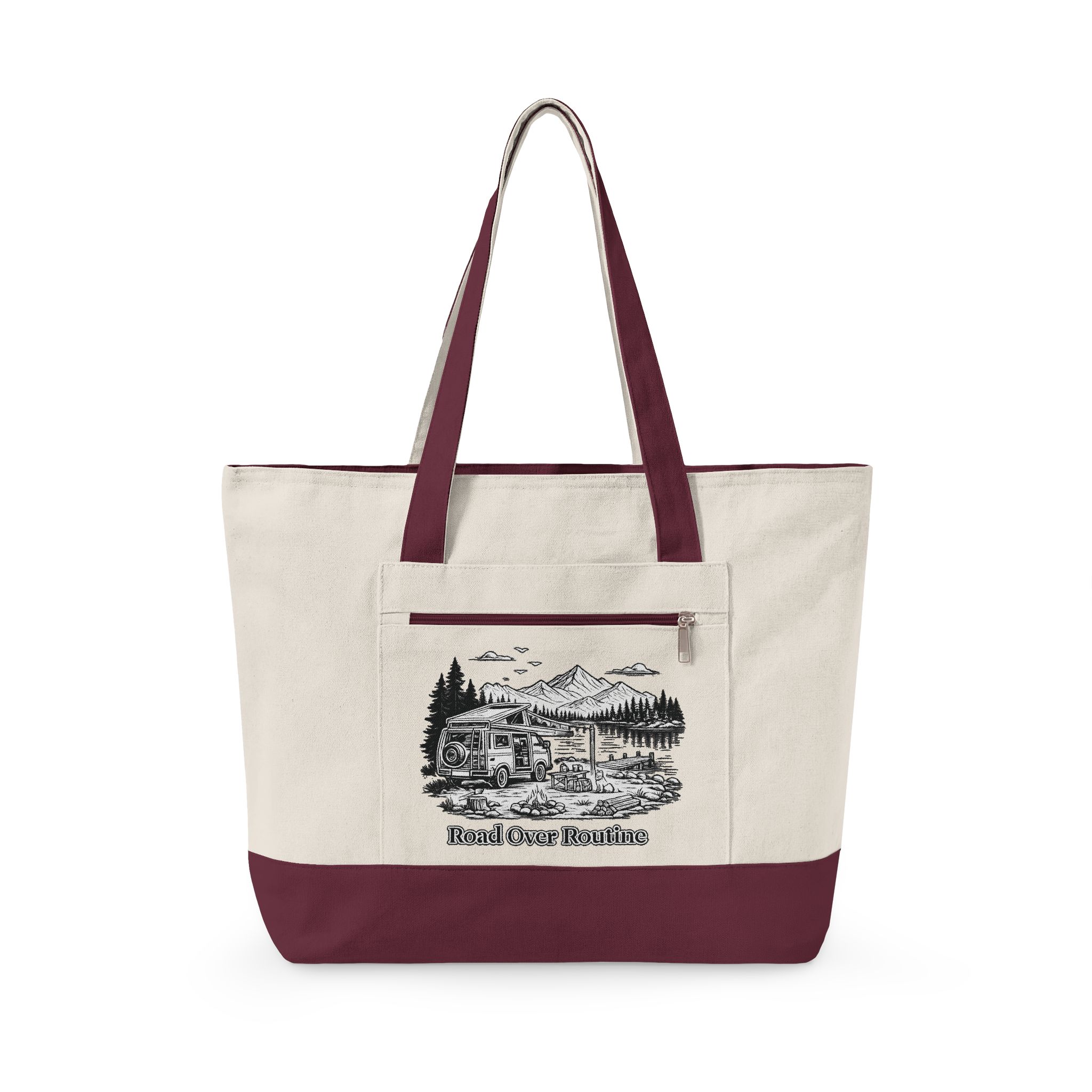 Zippered Canvas Tote — "Road Over Routine" (Design Minimal-Line)