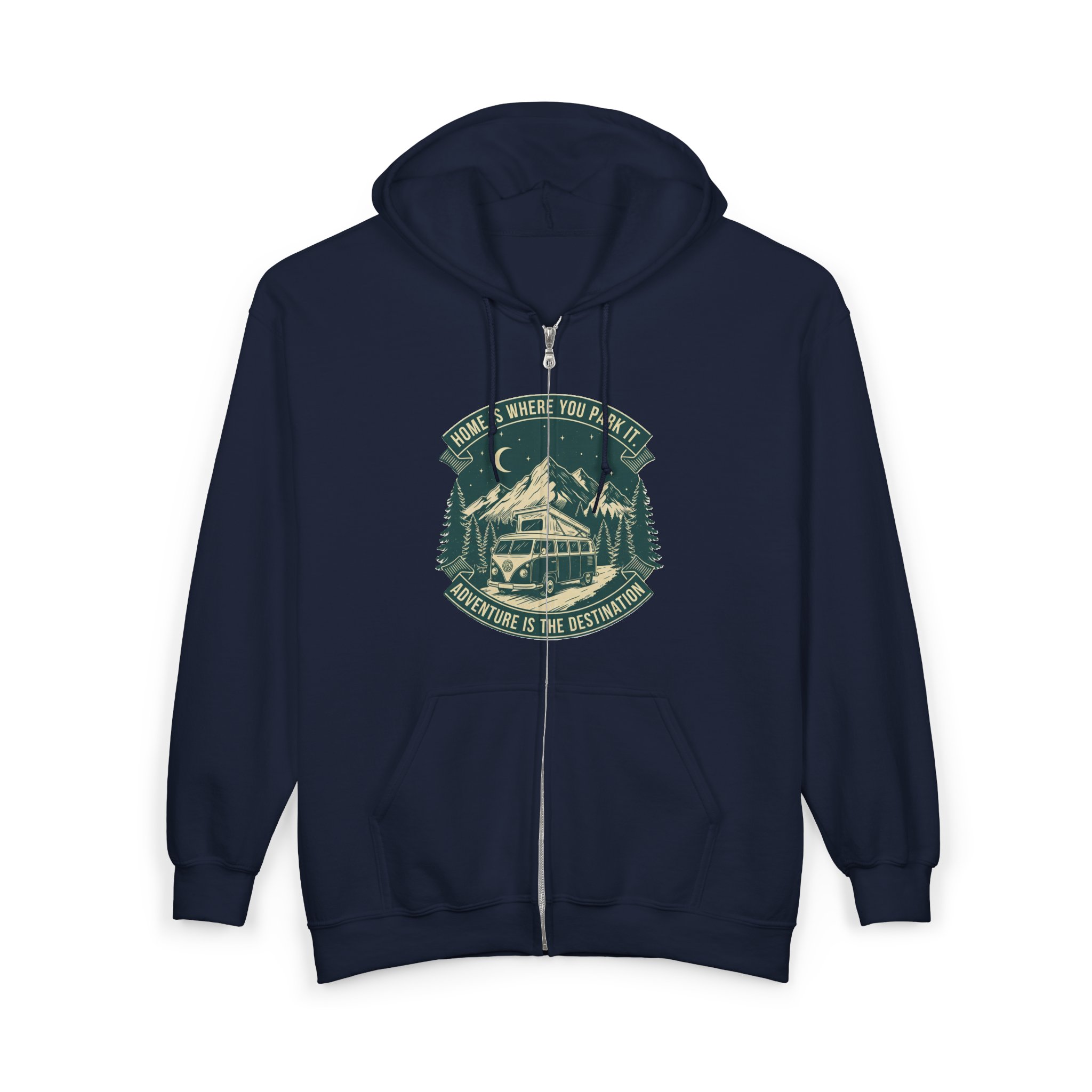Zip Hoodie — "Home Is Where You Park It-Adventure is the destination"(Only Front Printed) Camper Van Adventure Zip-Up
