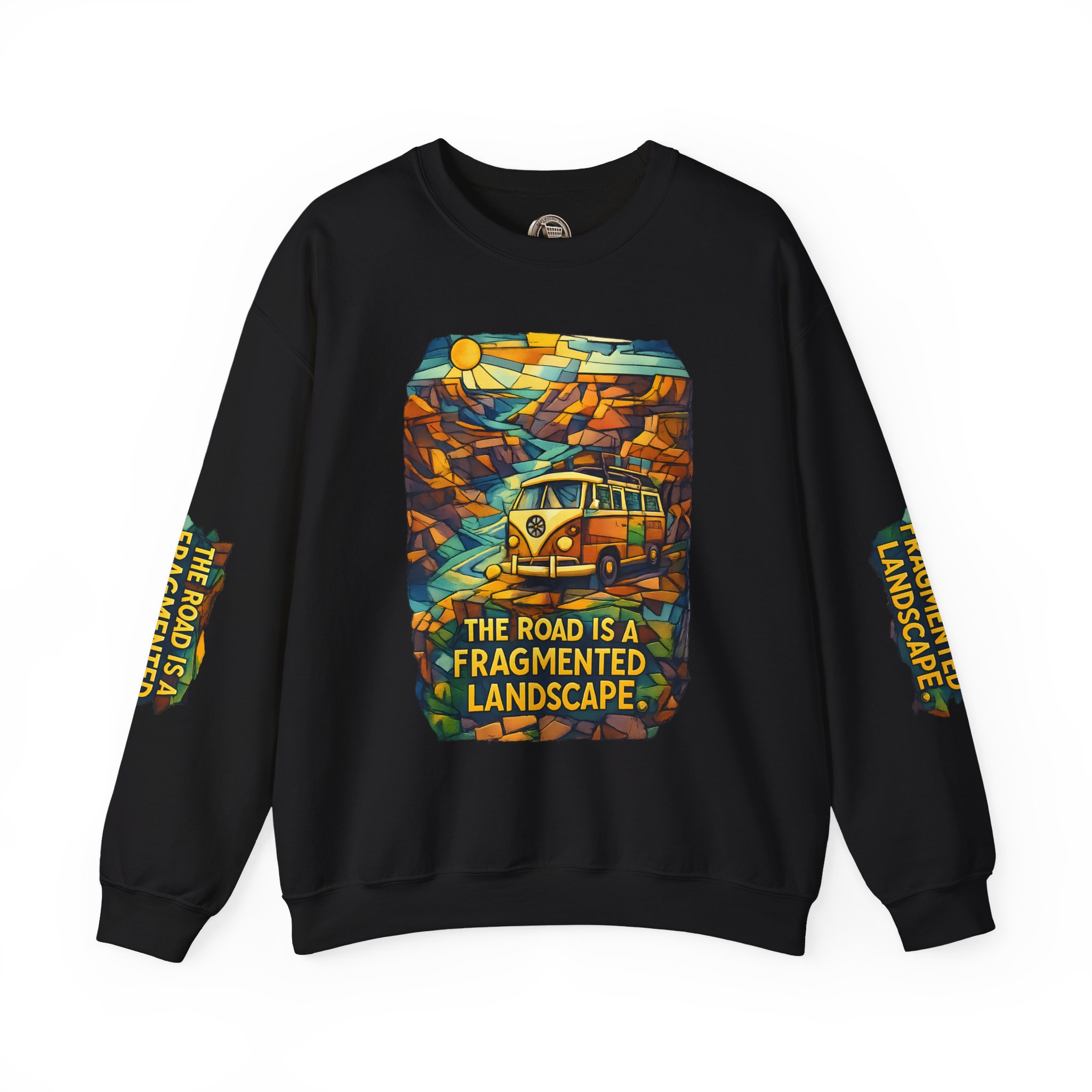 Unisex Heavy Blend™ Crewneck Sweatshirt — "The Road Is A Fragmented Landscape" Design Cubic-Line