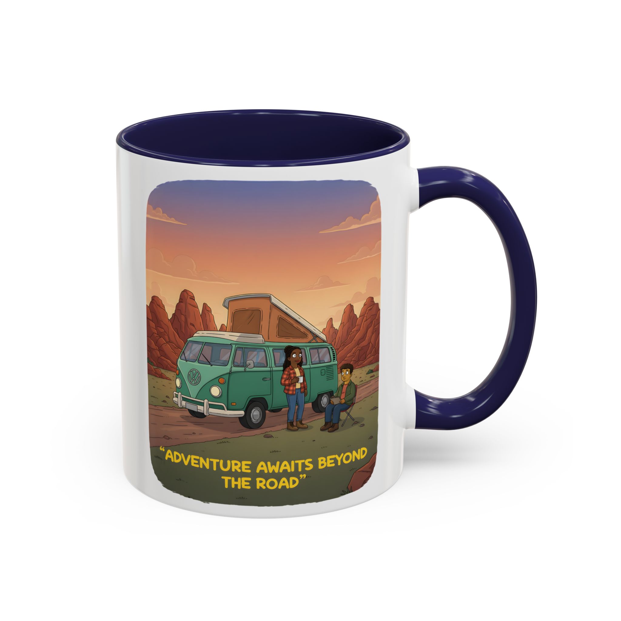 Accent Coffee Mug (11, 15oz) — "Adventure Awaits Beyond The Road" Design Sitcom-Line
