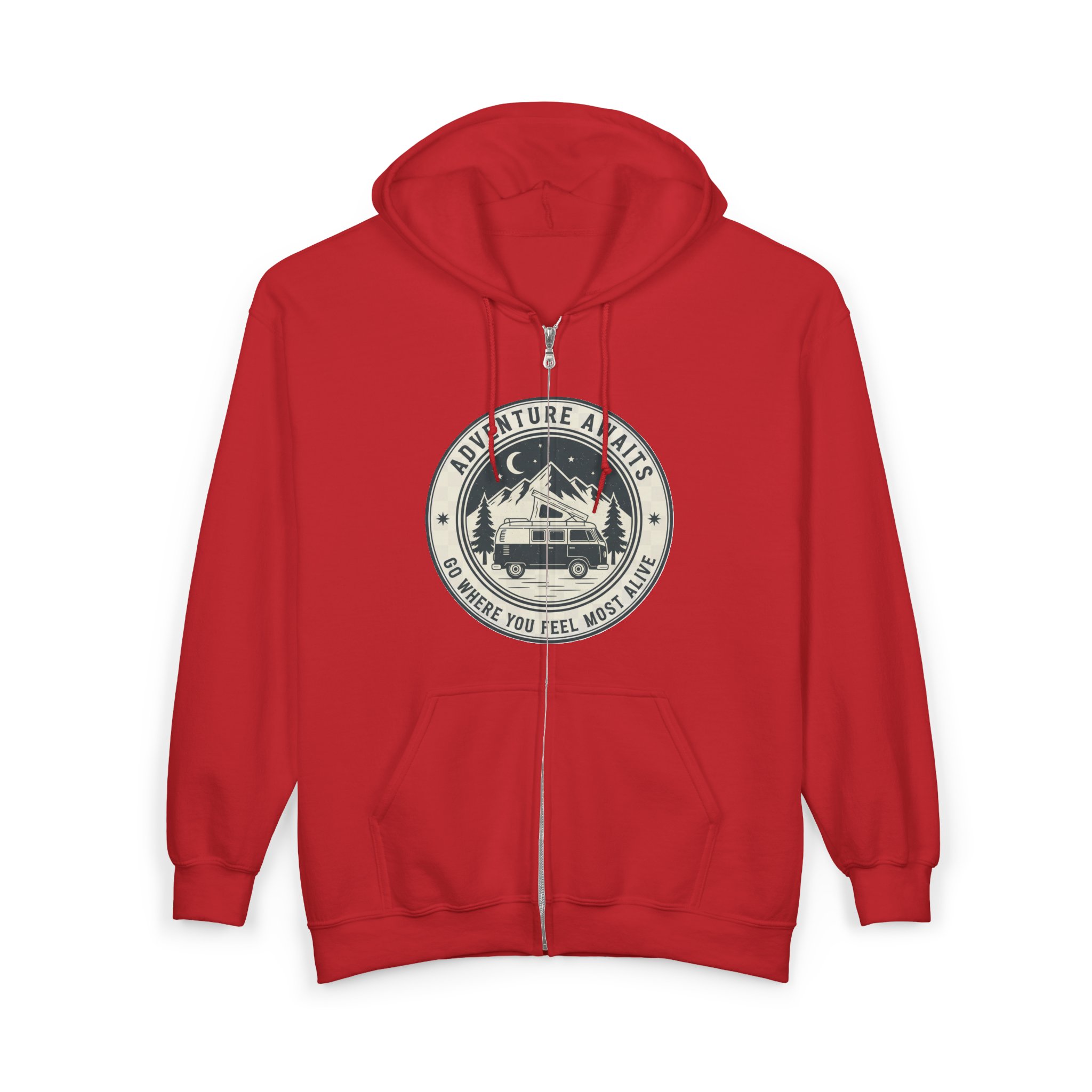 Zip Hoodie — "Adventure Awaits-Go Where You Feel Most Alive" (Only Front Printed) Camper Van Adventure Zip-Up